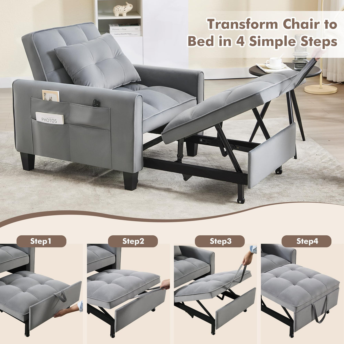 Convertible Sleeper Chair, 3 in 1 Sleeper Chair Bed Pull Out Sofa Bed Chairs, Single Sofa with Adjustable Backrest for Adults Reading Living Room, Bedroom, Black