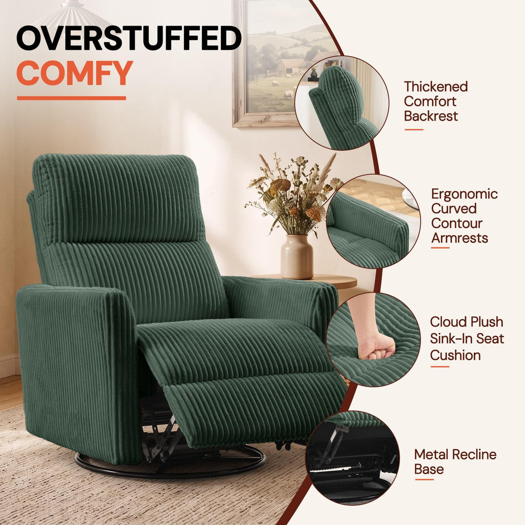 Korser 360Â° Swivel Glider Rocker Manual Recliner, High Back Corduroy Recliner with Curved Armrests, Beige Nursery Rocking Reclining Chair for Living Room Bedroom Adults