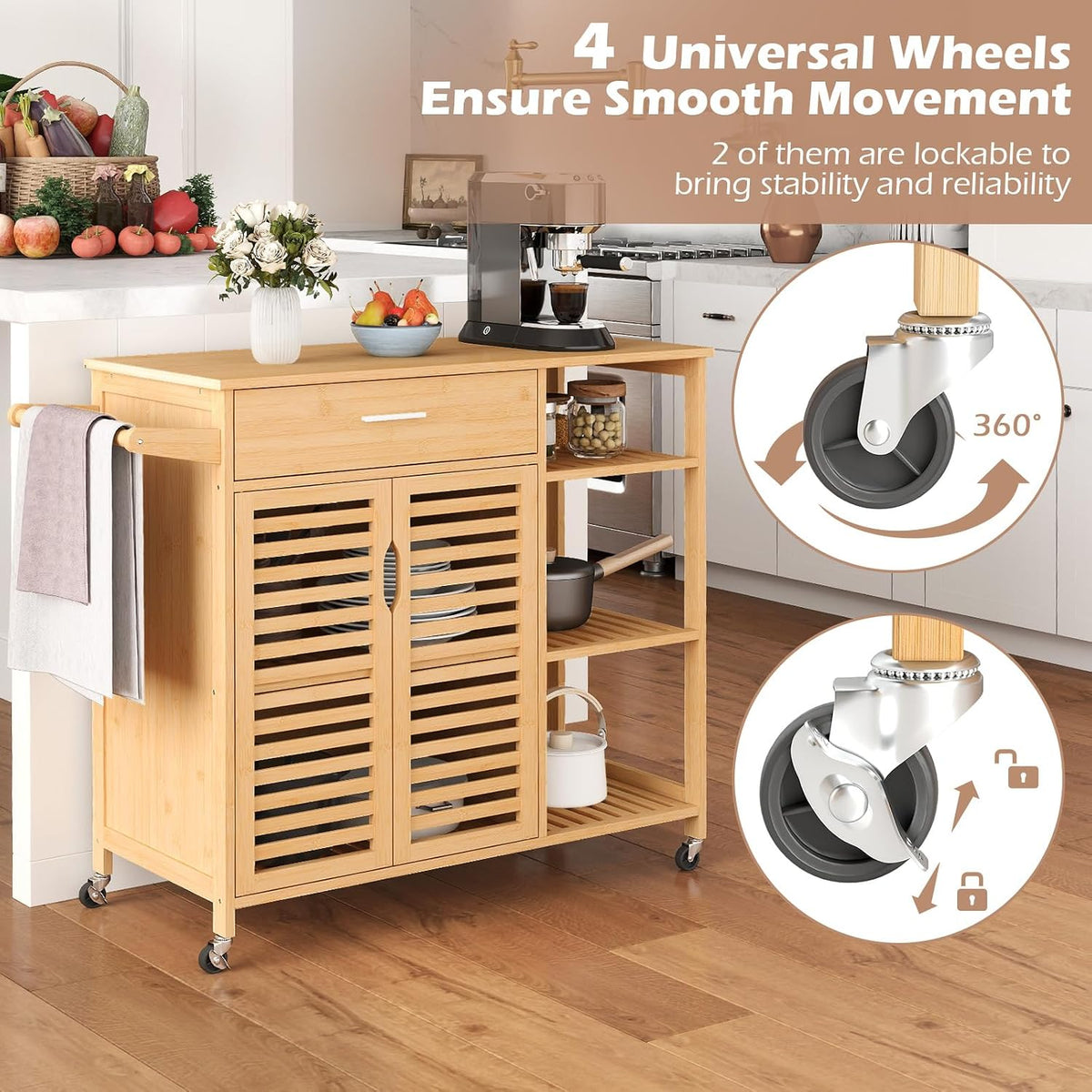 Moccha Rolling Kitchen Island Cart - Bamboo Kitchen Carts on Wheels with storage Cabinet, Large Drawer, 3-tier Open Shelf, Towel Rack, Sideboard, Mobile Kitchen Table for Dining Room Living Room Bar