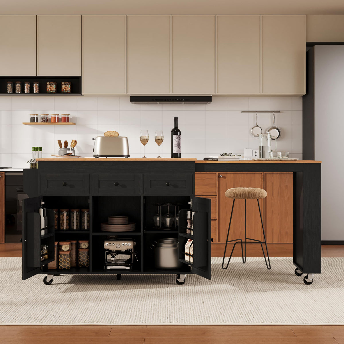 Merax 85.5" Kitchen Island with Extendable Dining Table & Universal Wheels, Storage with 3 Drawers & Open Shelves & Power Outlet, Mobile Cart for Dining Room, Small Space, Apartment, White