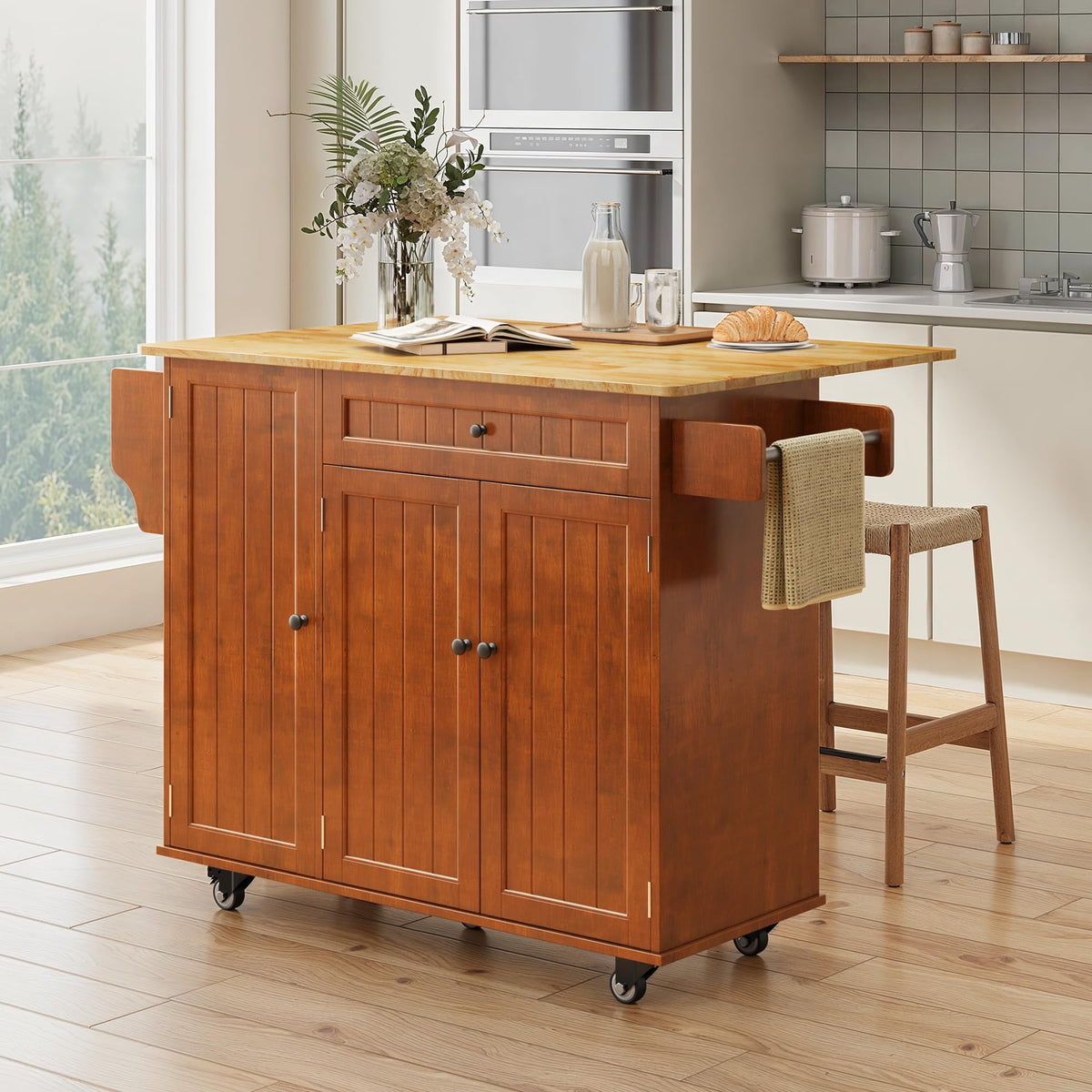 Ahomly Rolling Kitchen Island with Storage, Drop Leaf and Drawer, White