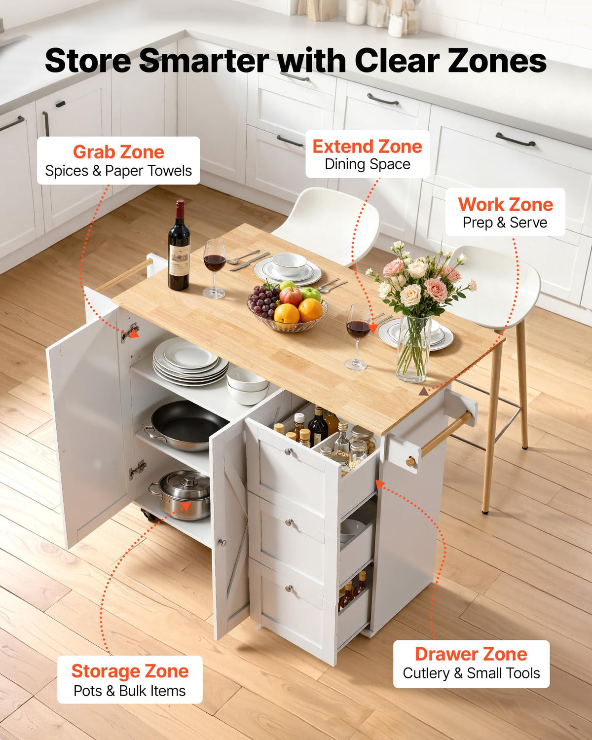 VEVOR Kitchen Island Cart with Storage, 47.64 in Wide Mobile Rolling Storage Island on Swivel Wheels, with 2 Drawers, Storage Cabinet, Drop Leaf, Towel Rack, Table for Home Dining Room, White