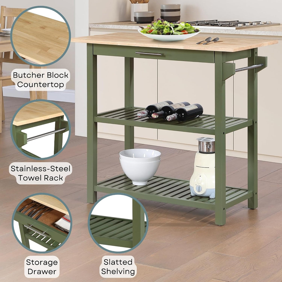 Convenience Concepts Designs2Go Butcher Block Kitchen Island, Sage, 40"