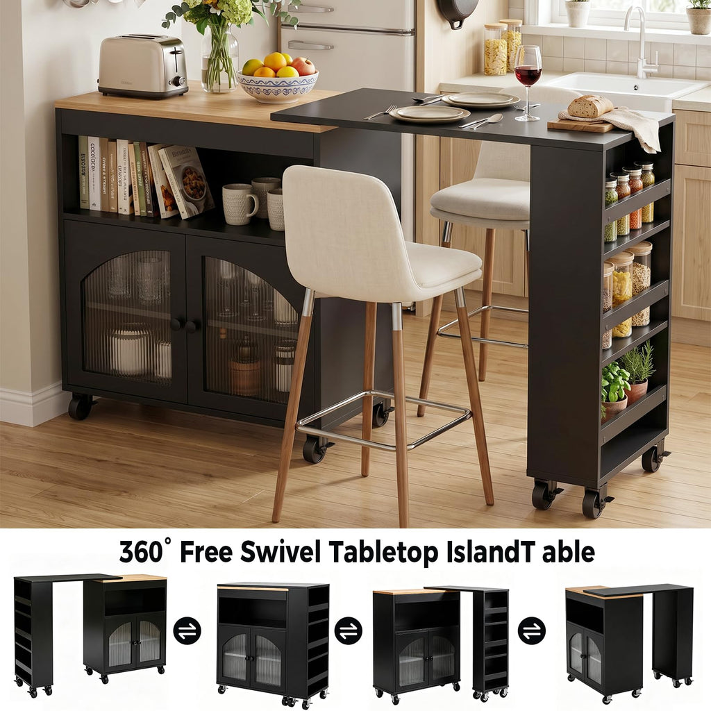 Rolling Kitchen Island with 360Â° Swivel Dining Table 71"-39" Extendable