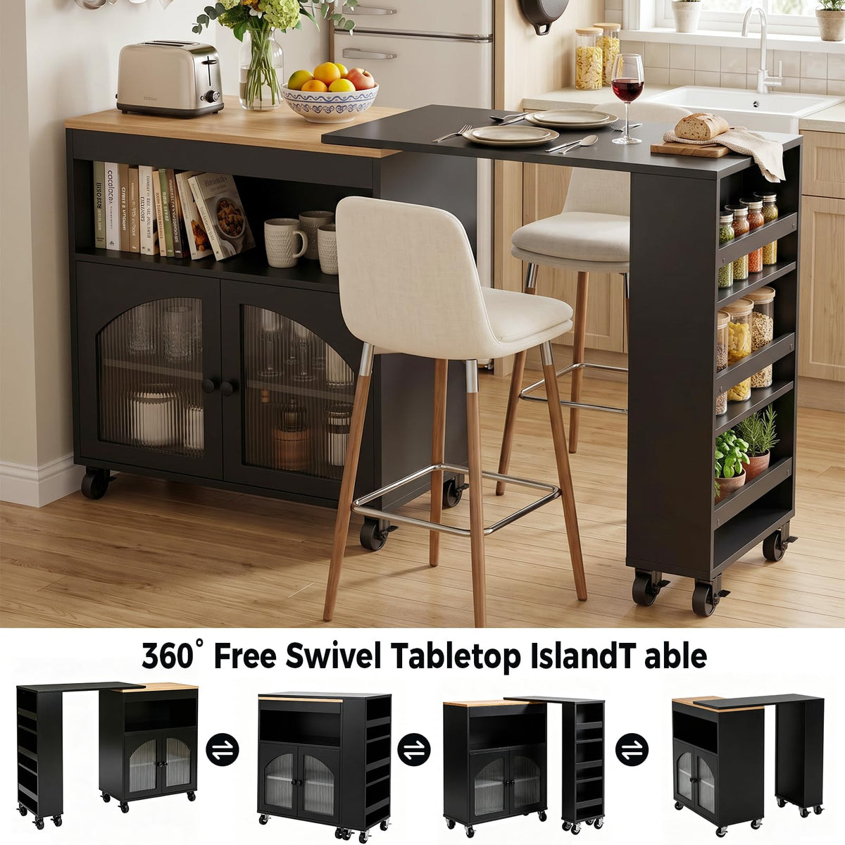 Rolling Kitchen Island with 360Â° Swivel Dining Table 71"-39" Extendable