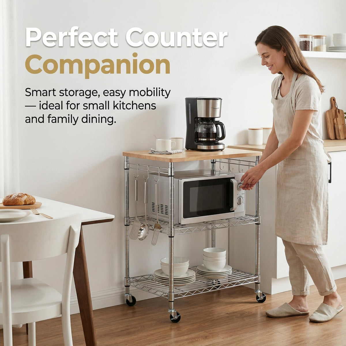 Finnhomy 3-Tier Rolling Kitchen Cart With 18" D x 30" W Oak Wood Tabletop, Kitchen Island With 4" Wheels and Slider Shelf, Microwave & Coffee Cart With Hooks for Dining Room, Chrome