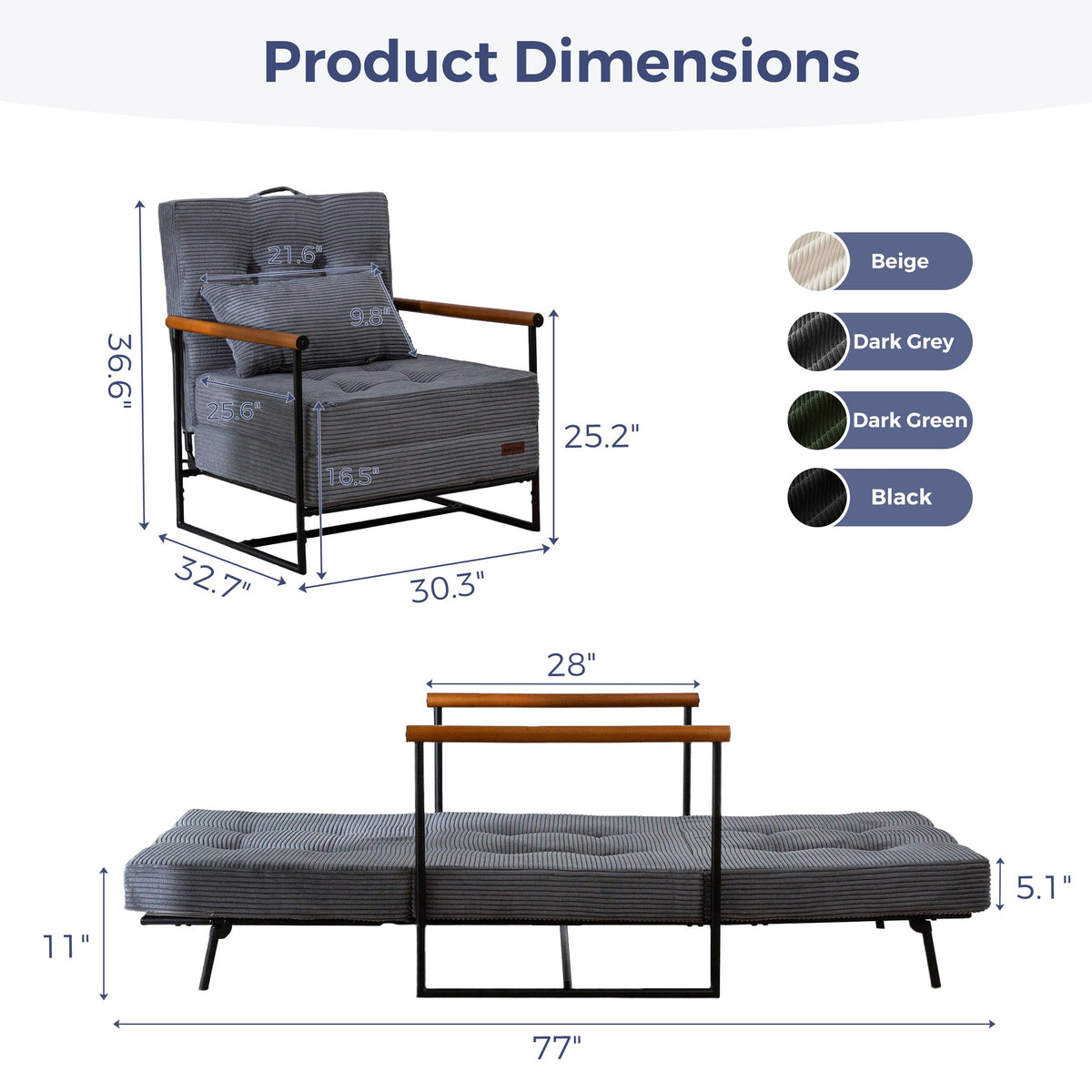 MAXYOYO Chair Bed, Adjustable Sleeper Chair, Single Sofa Bed with Frame