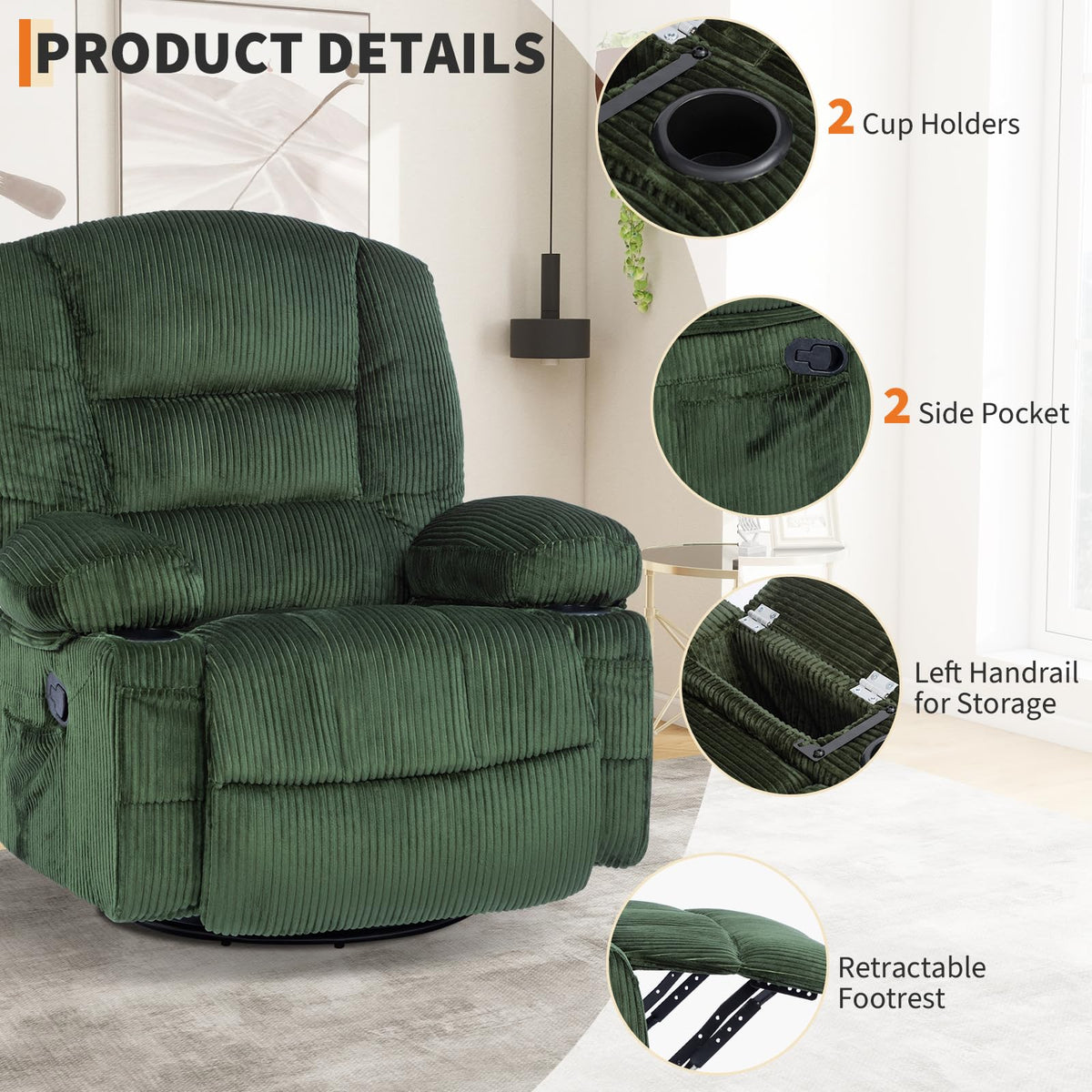 Garvee Oversized Recliner Chair,Extra Wide 360Â° Swivel Rocker Massage Heat
