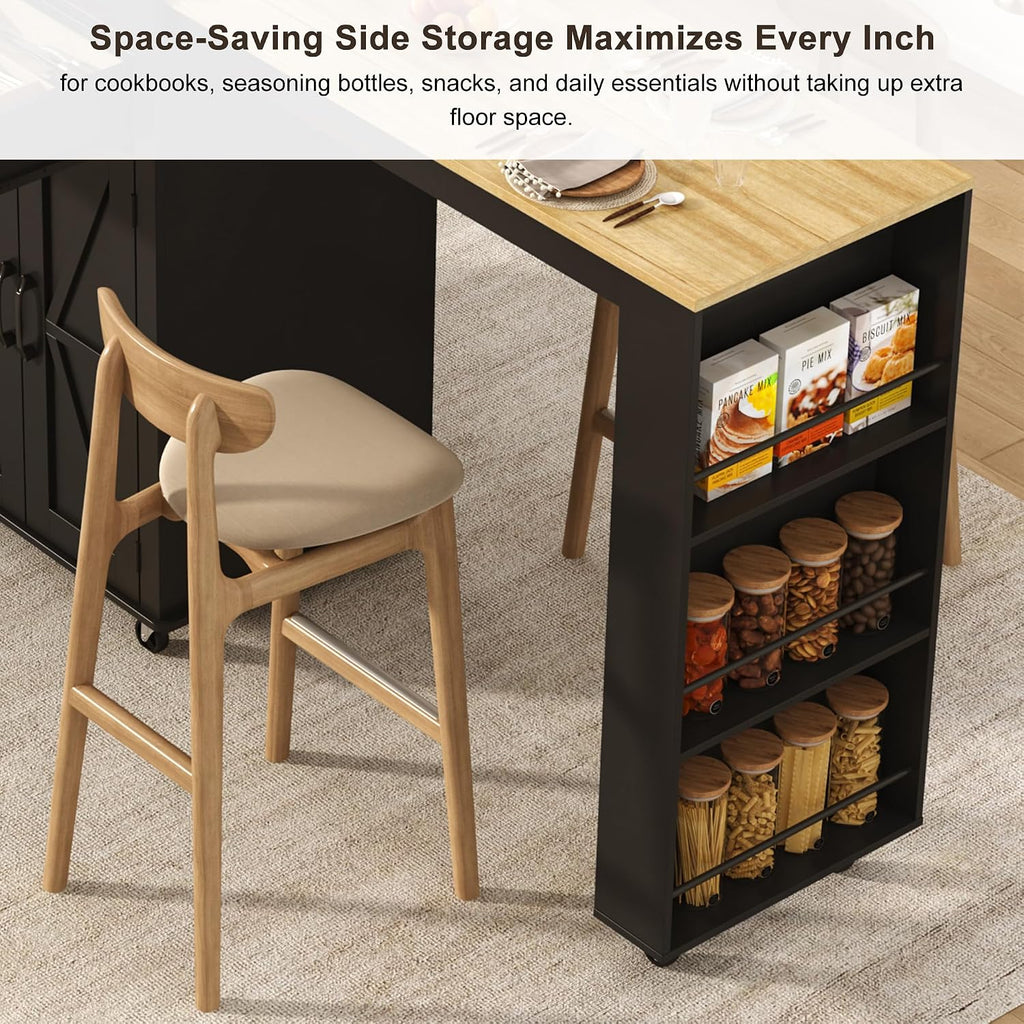 81.6"-51" Extendable Rolling Kitchen Island with Extended Dining Table & Power Outlet, Mobile Kitchen Storage Islands with Trash Cabinet, Large Islands Cart with Storage and 2 Seatings, Black