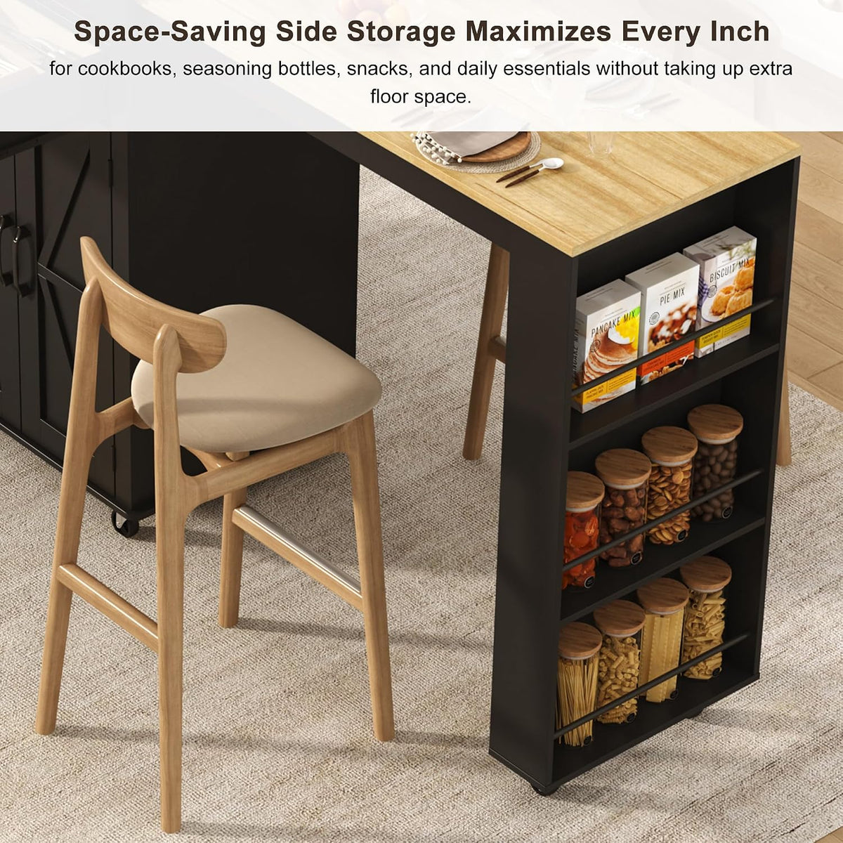 81.6"-51" Extendable Rolling Kitchen Island with Extended Dining Table & Power Outlet, Mobile Kitchen Storage Islands with Trash Cabinet, Large Islands Cart with Storage and 2 Seatings, Black