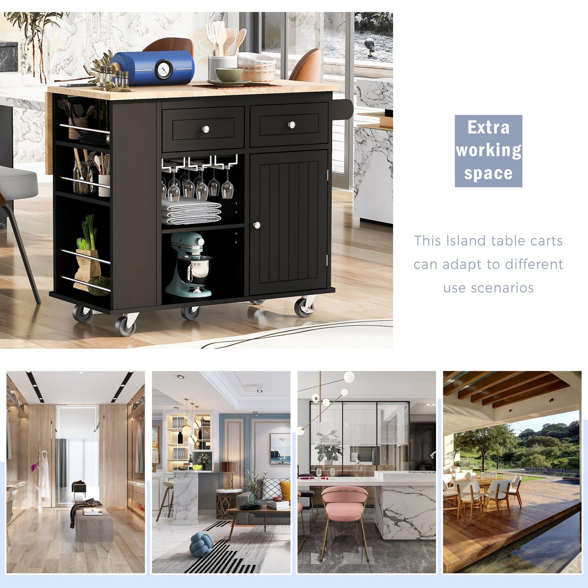 Ball & Cast Farmhouse Kitchen Island with Power Outlet,Dining Storage Island with Drop Leaf,Spice Rack and Drawer,Rolling Dining Cart on Wheels for Home,Kitchen,Dining Room,White,54"