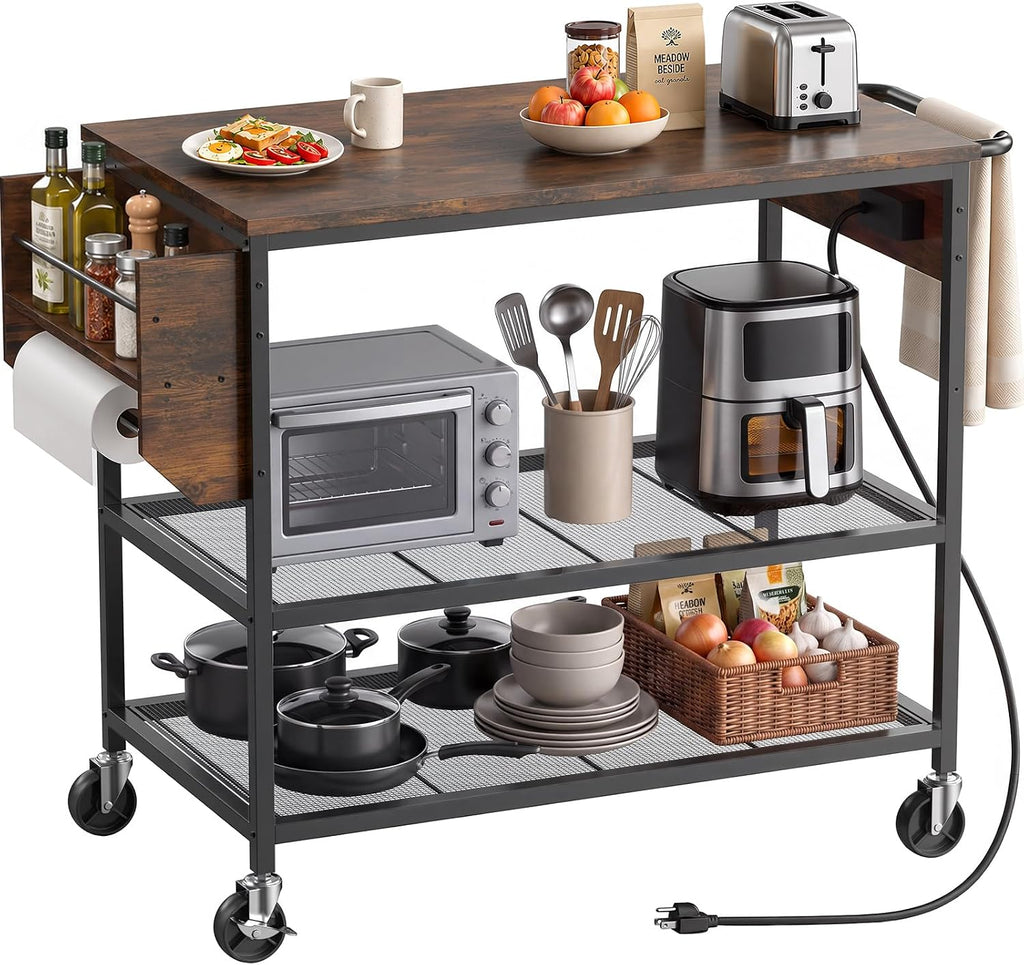 Rolling Kitchen Island with Storage, 3 Tier Kitchen Island Cart with Wheels,Wood Large Worktop, Storage Shelves, Lockable Casters, Power Outlet, Push Handle for Kitchen Dining Room