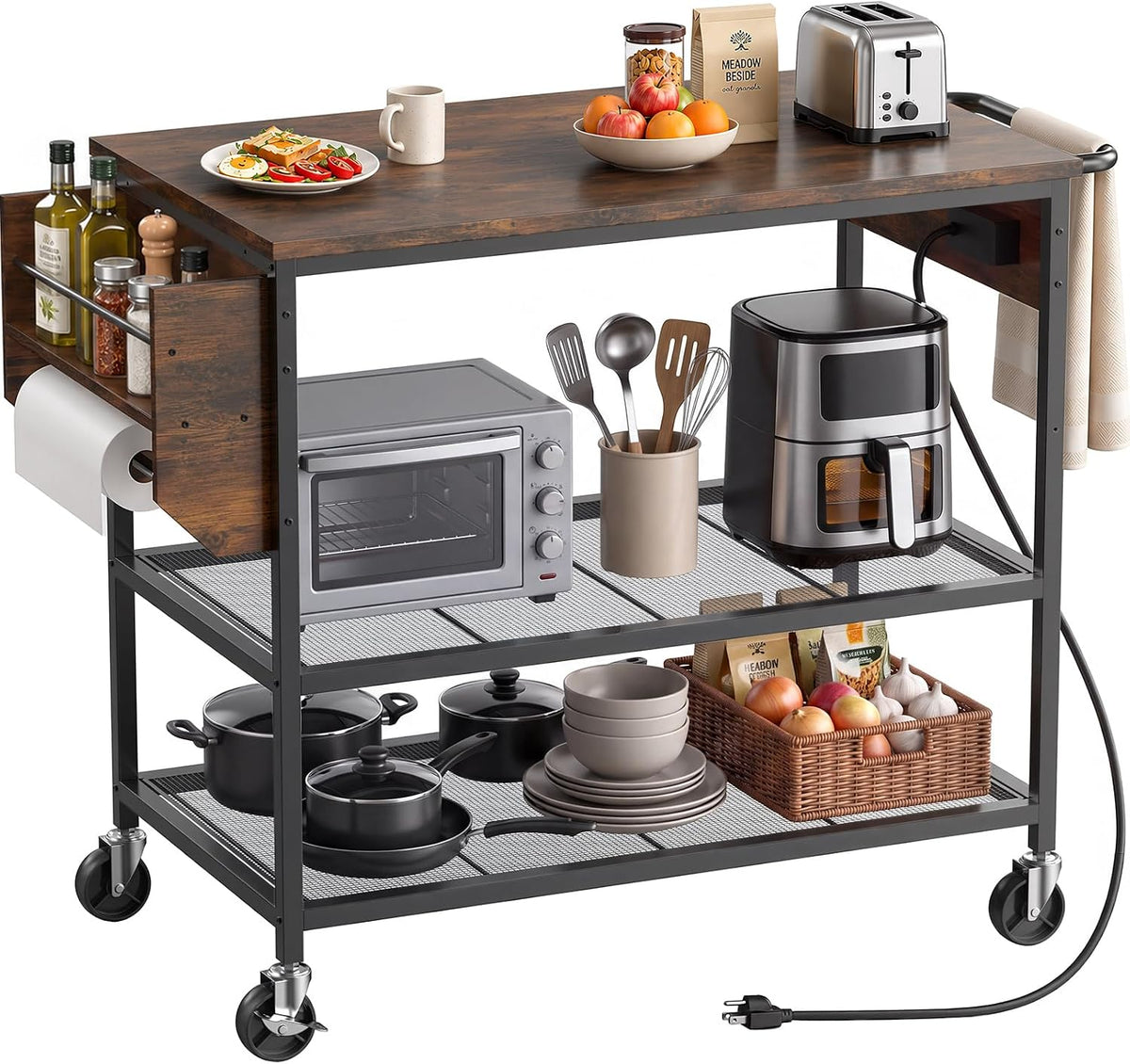 Rolling Kitchen Island with Storage, 3 Tier Kitchen Island Cart with Wheels,Wood Large Worktop, Storage Shelves, Lockable Casters, Power Outlet, Push Handle for Kitchen Dining Room