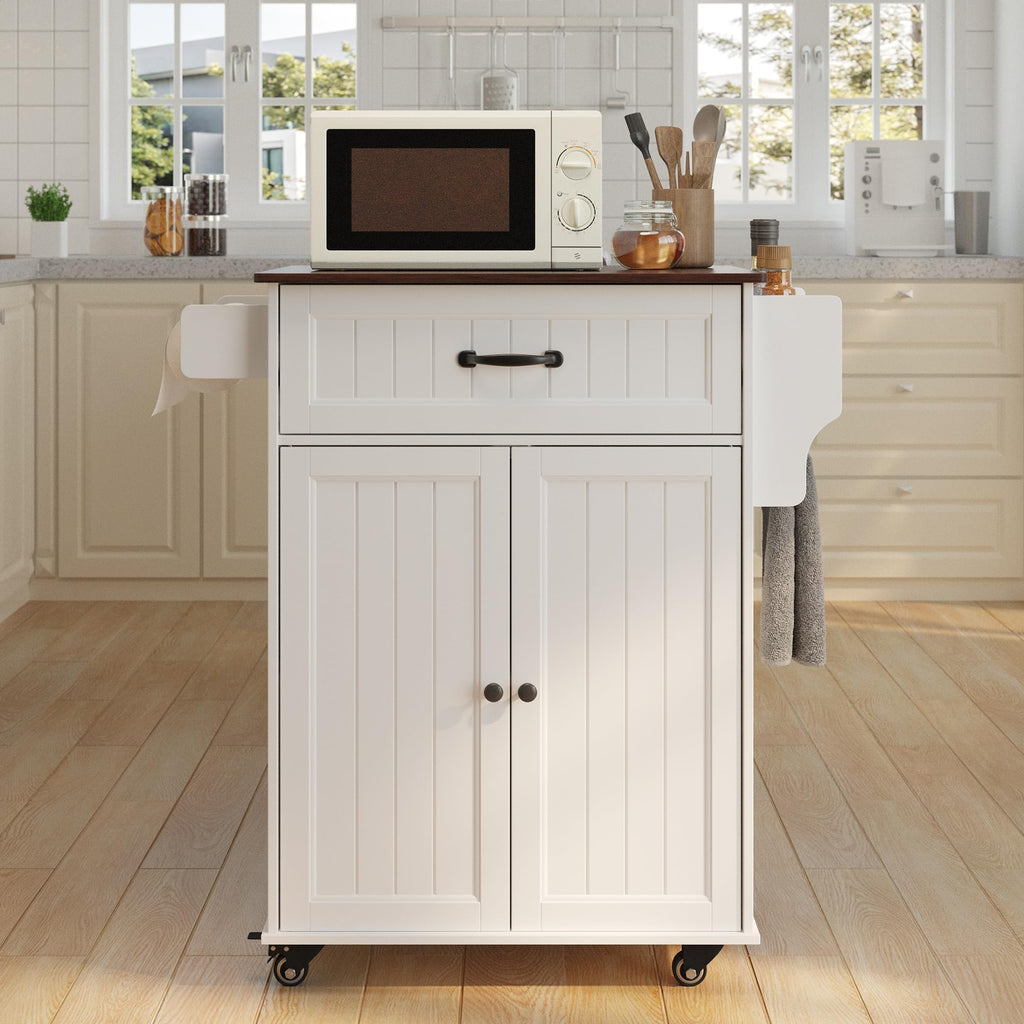 Gizoon Kitchen Island Cart with Adjustable Shelf, White, Tabletop-Oak Color