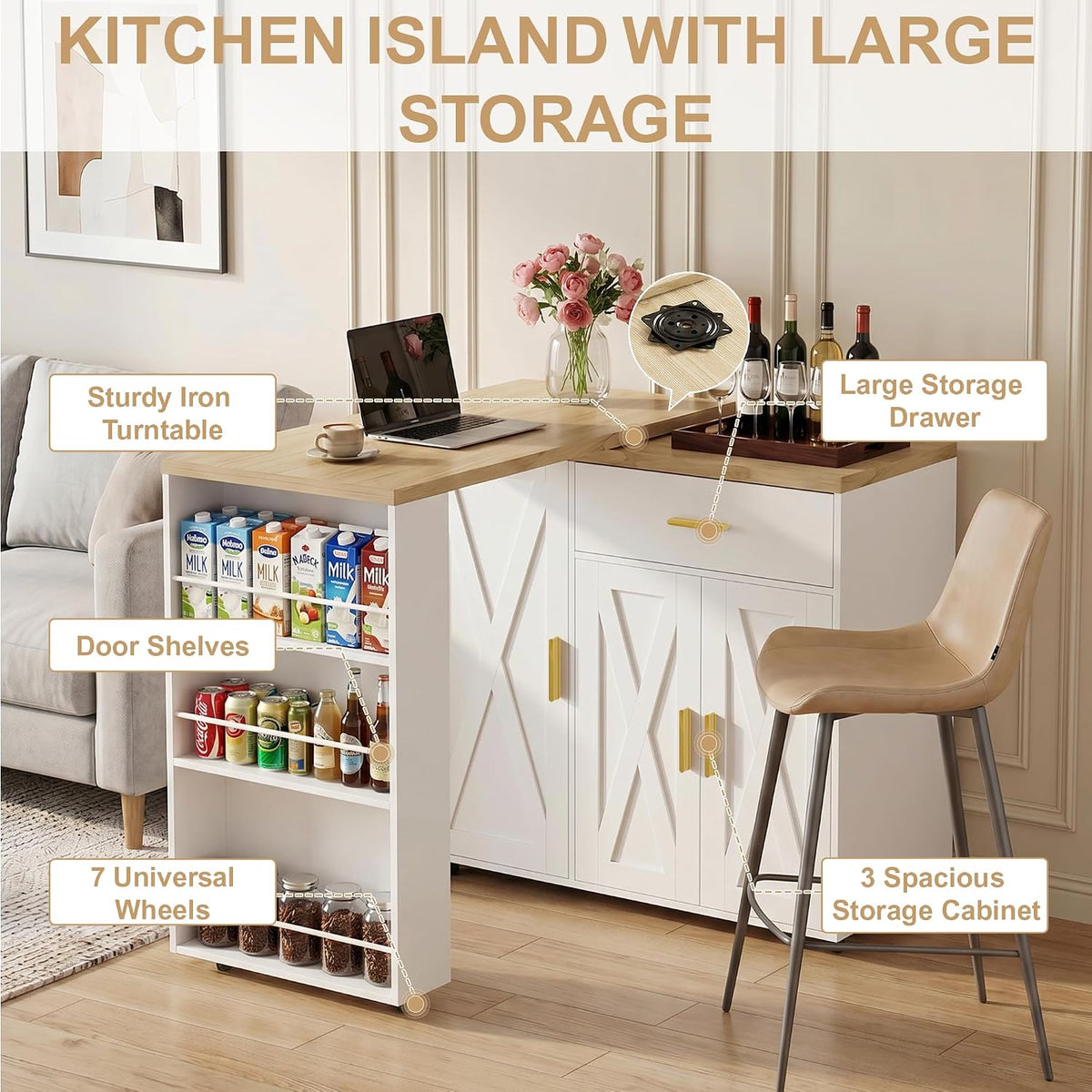 DreamDashio Kitchen Island with Storage, Rolling Kitchen Island with Swivel Table, Drawers & Shelves, Mobile Kitchen Island Cart with 360Â° Swivel Extendable Dining Table for Kitchen, Dining Room