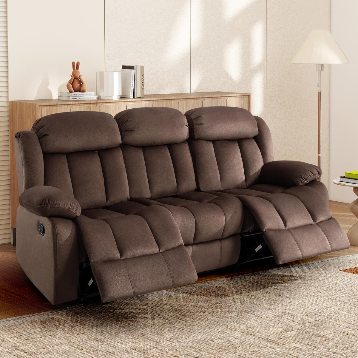 INZOY Manual Recliner Chair with Padded Armrest, Wall-Hugger Single Sofa Recliners with Overstuffed Back, Classical Fabric Reclining Chairs for Living Room Theater Seating, Brown