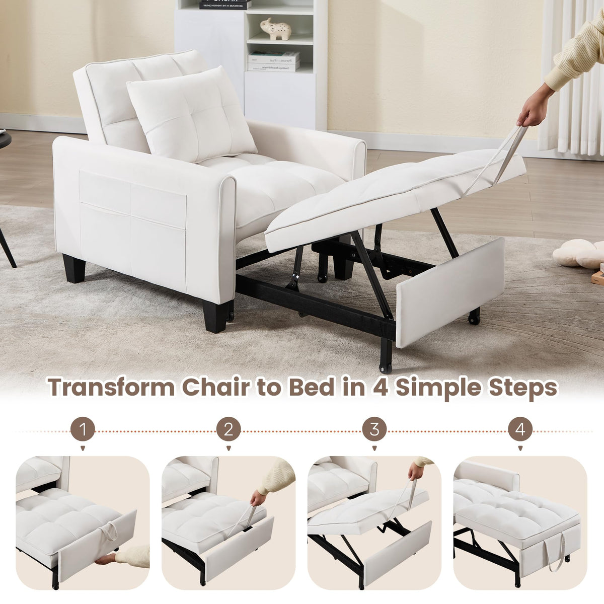 Convertible Sleeper Chair, 3 in 1 Sleeper Chair Bed Pull Out Sofa Bed Chairs, Single Sofa with Adjustable Backrest for Adults Reading Living Room, Bedroom, Black