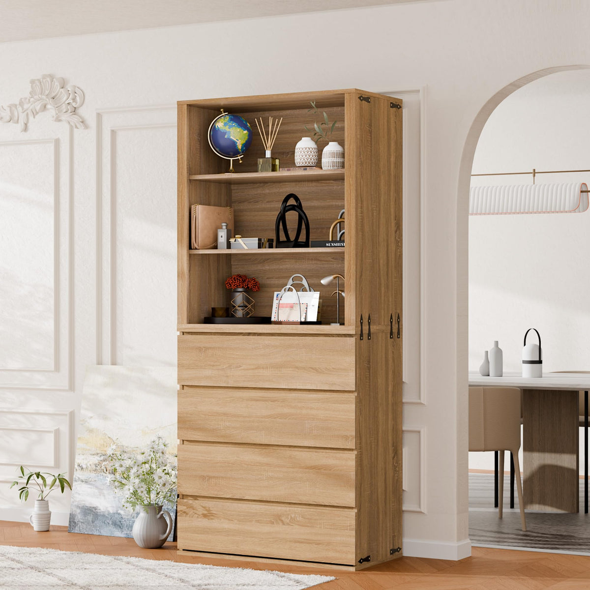 Liquor Cabinet with Wine Rack & Stemmed Holder & Drawer, Walnut