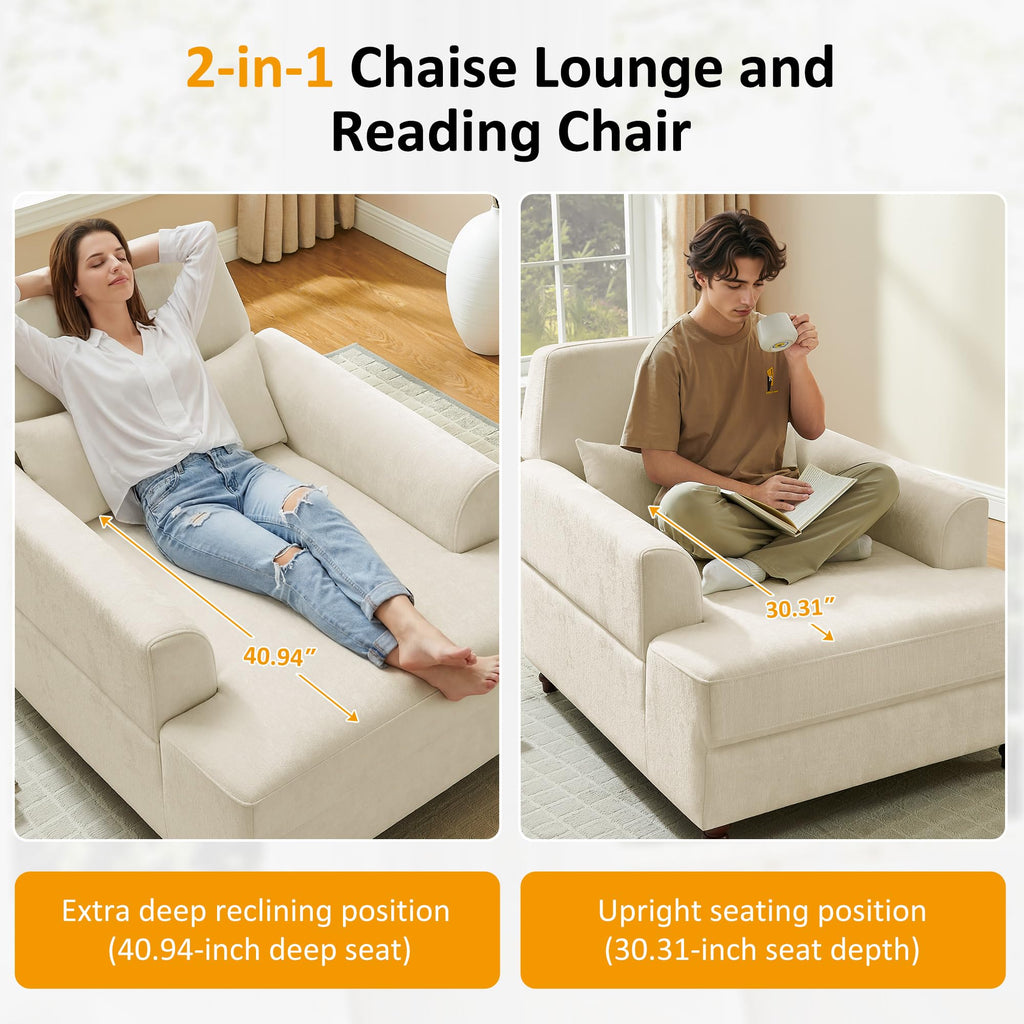Oversized Chaise Lounge Chair with Adjustable Backrest, Polyester White