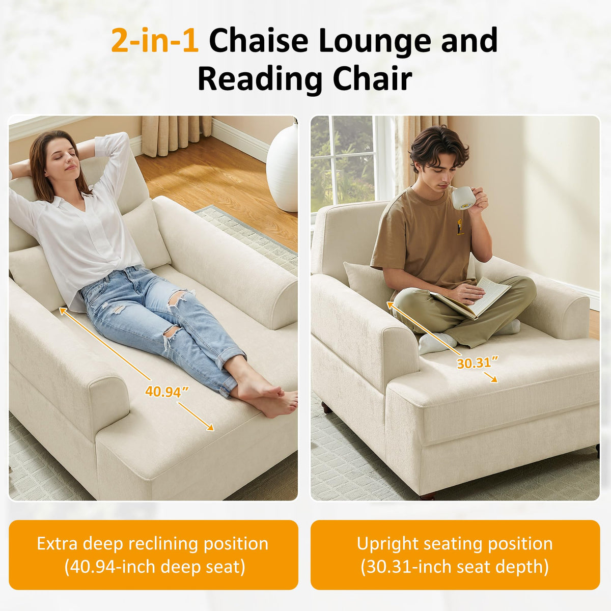 Oversized Chaise Lounge Chair with Adjustable Backrest, Polyester White