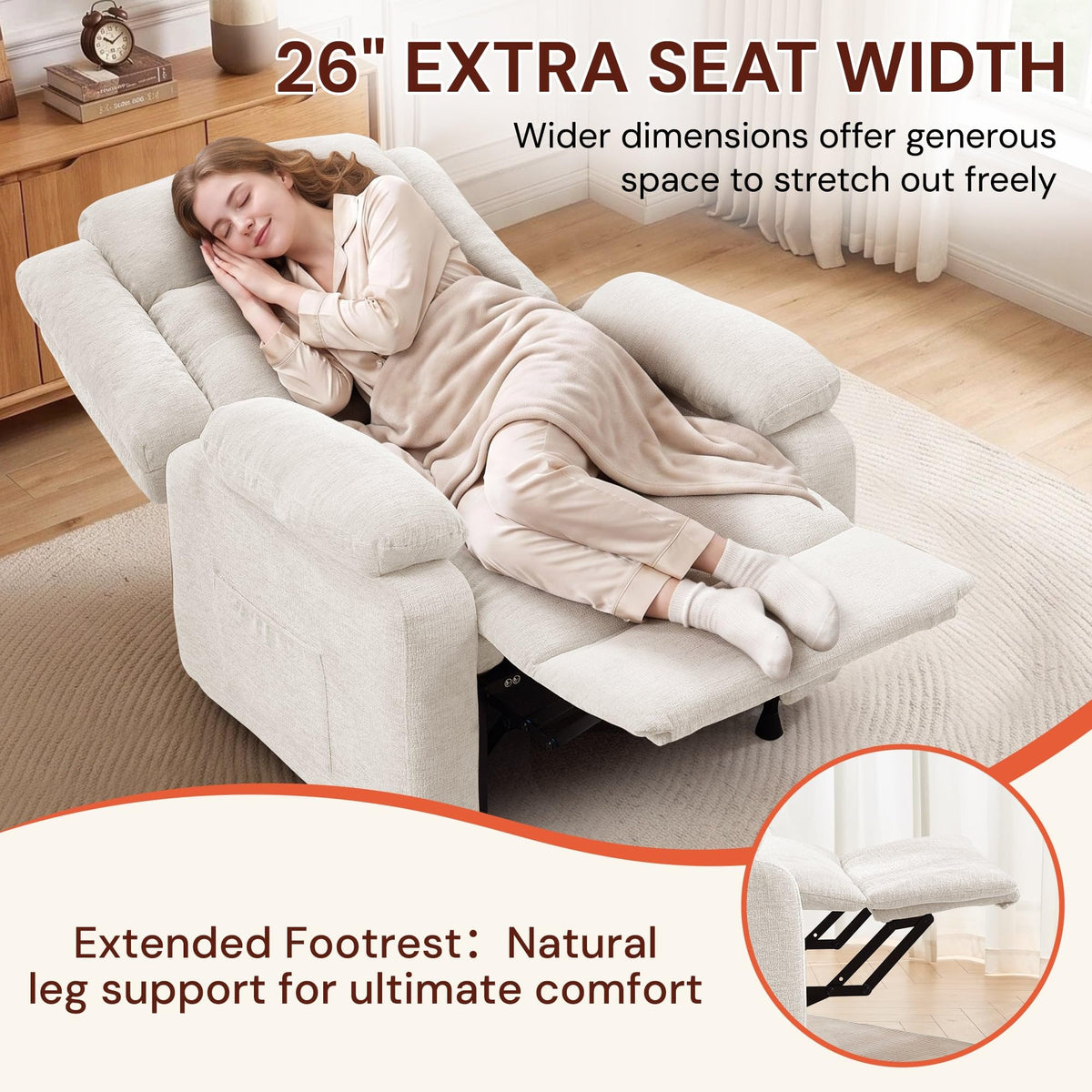 Korser Power Recliner Chair for Adults, Oversized Electric Recliner with Thickened Cushions, Reclining Chair for Bedroom, Living Room Chairs with Side Pockets, Chenille