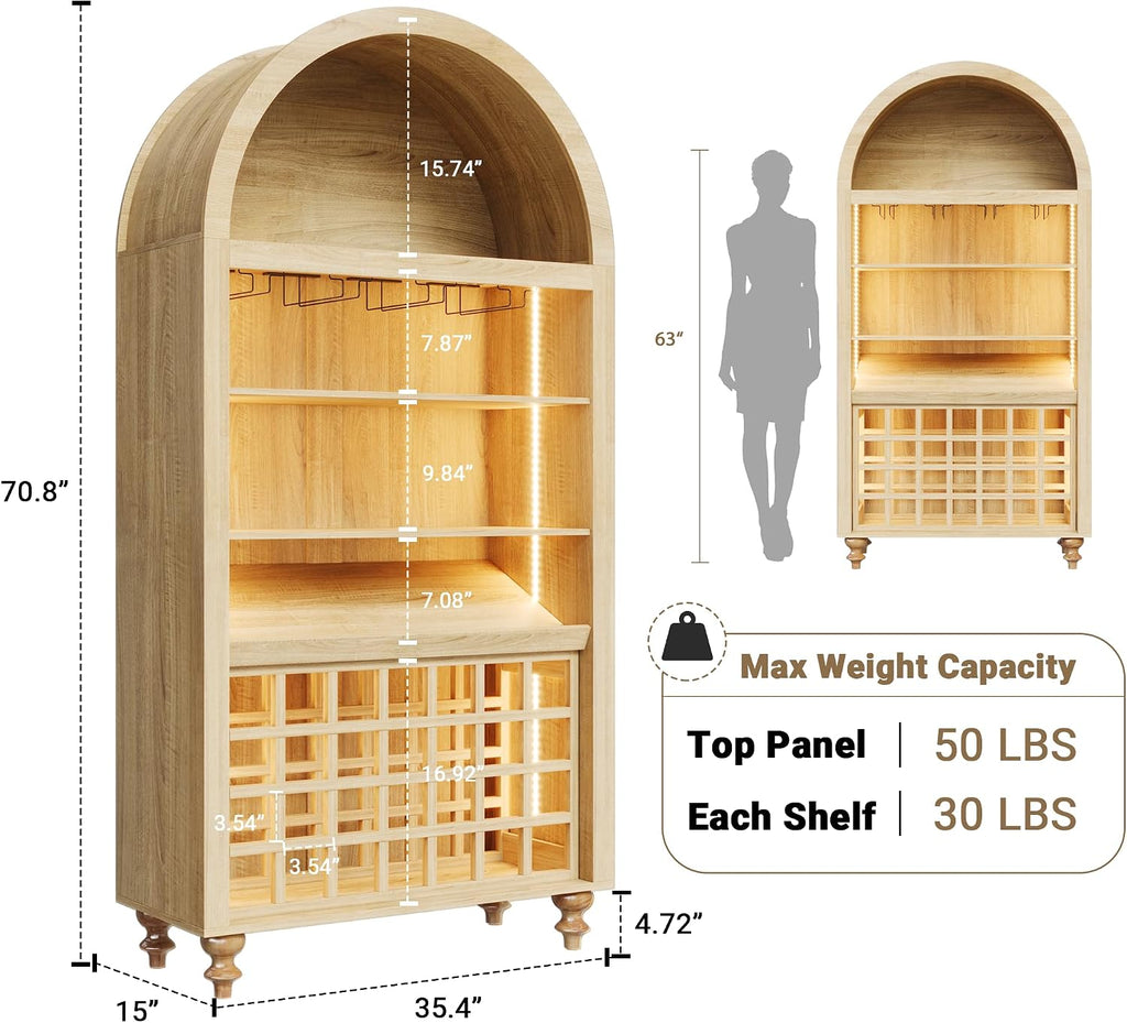 71" Tall Arched Wine Bar Cabinet with Wine Racks & Glass Holder, Wide Liquor Cabinets with LED Lights & Charing Ports, Kitchen Pantry Cupboard, Coffee Bar Storage Cabinet for Home, Dining Room (Oak)
