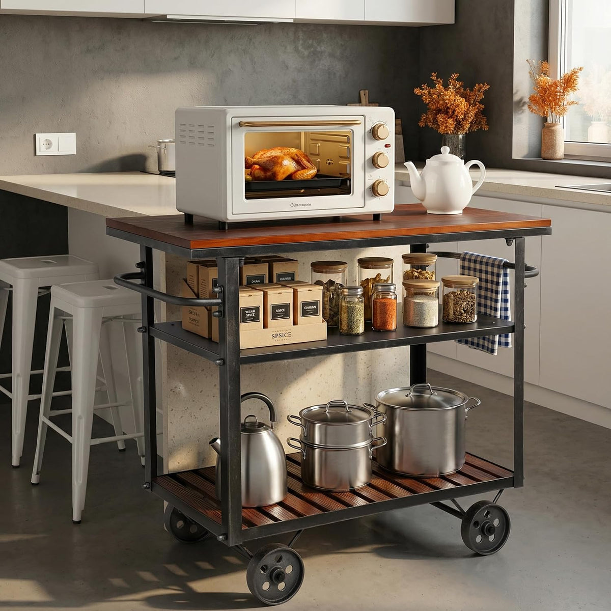 Vintage Rolling Bar Cart on Wheels Industrial Mobile Serving Cart Metal and Wood Design for Kitchen Bar Office Coffee House 36.2" Lx15.75 Wx30.5 H 3 Tier with 2 Side Handle