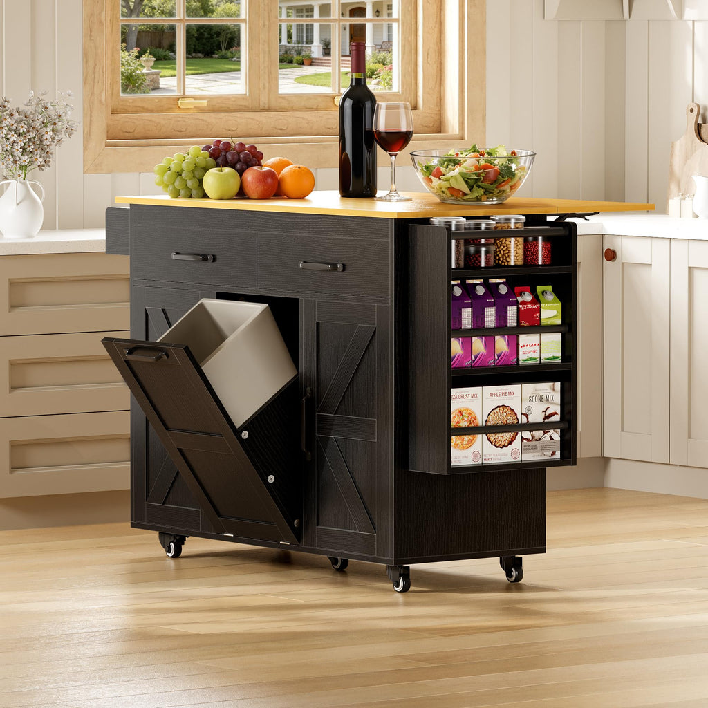 YESHOMY Kitchen Island on Wheels with Trash Cabinet, White & Brown