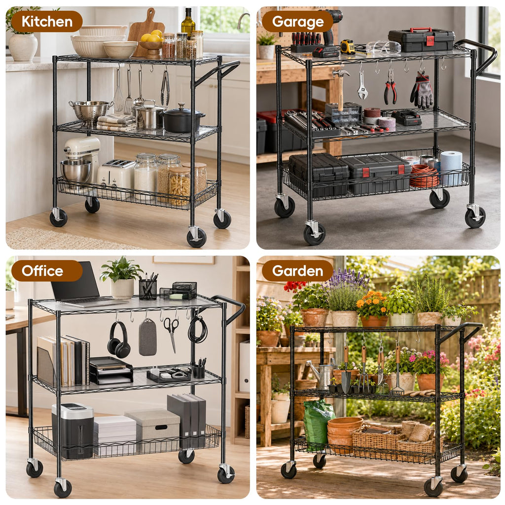 3-Tier Kitchen Storage Cart with Wheels, Rolling Utility Cart