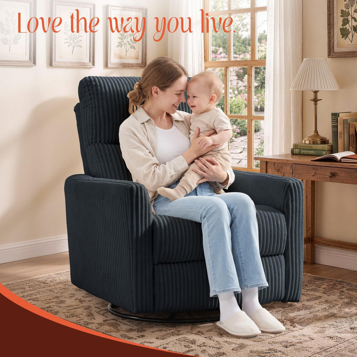 Korser 360Â° Swivel Glider Rocker Manual Recliner, High Back Corduroy Recliner with Curved Armrests, Beige Nursery Rocking Reclining Chair for Living Room Bedroom Adults