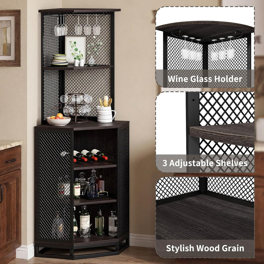 IBF 71 Inch Dark Grey Farmhouse Tall Corner Bar Cabinet with Glass Holder