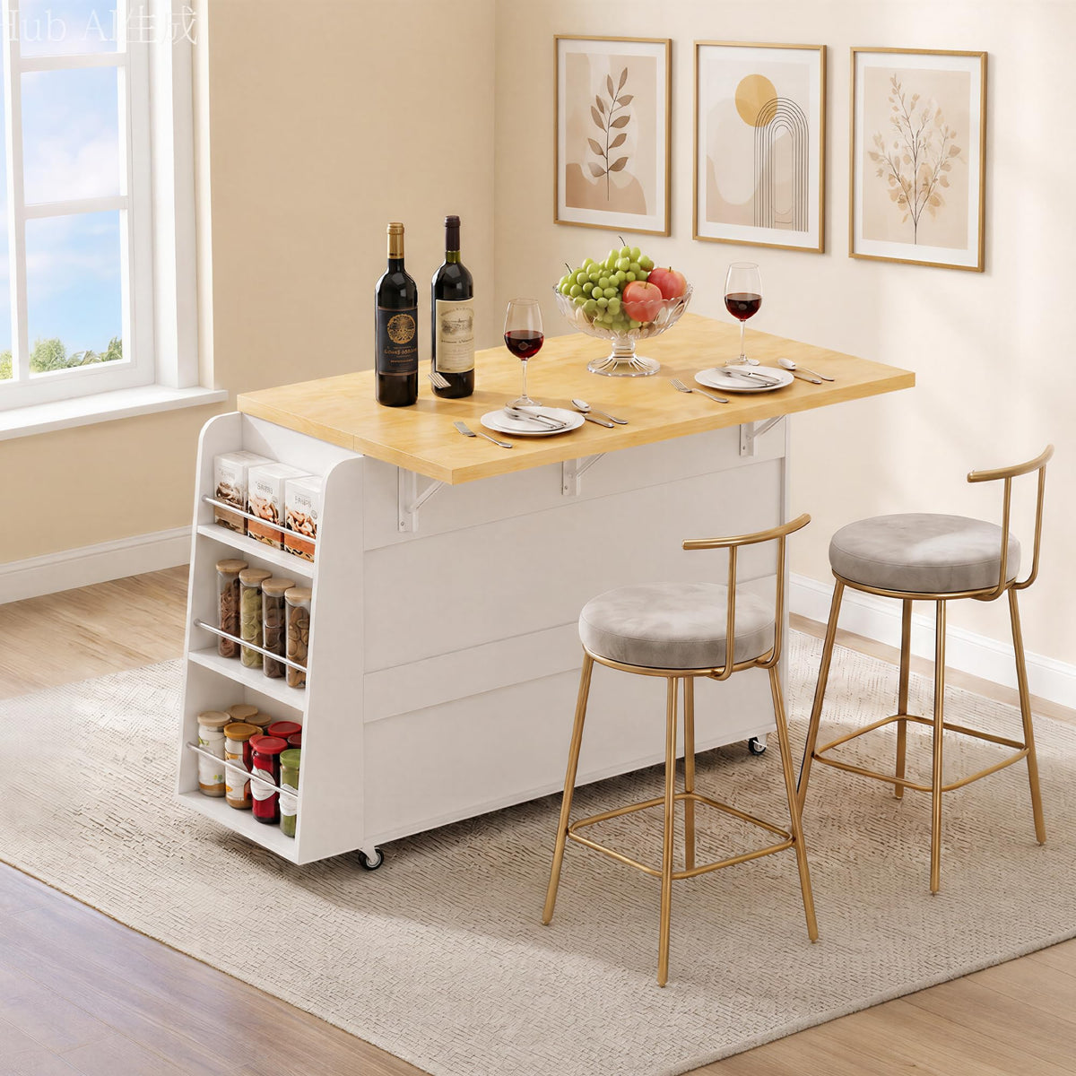 DreamDashio Kitchen Island with Storage, Rolling Kitchen Island with Swivel Table, Drawers & Shelves, Mobile Kitchen Island Cart with 360Â° Swivel Extendable Dining Table for Kitchen, Dining Room