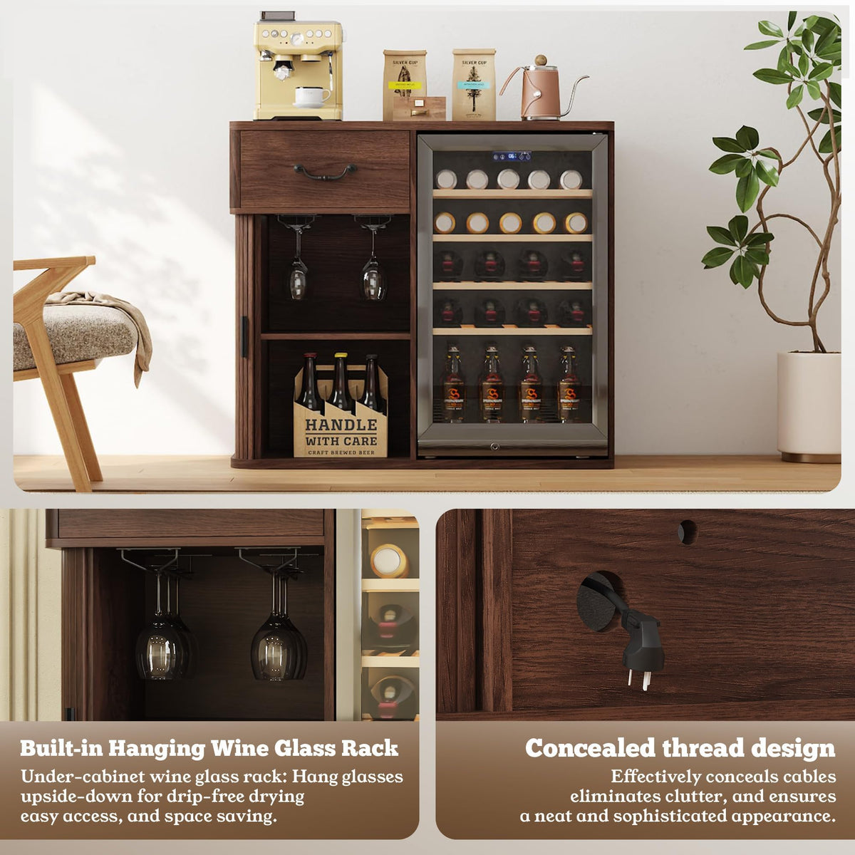 Large Coffee Bar Cabinet with Mini Fridge Space, Liquor Wine Bar Cabinet with Drawer and Glass Holder, Buffet Sideboard Table for Kitchen, Dining Room, Living Room