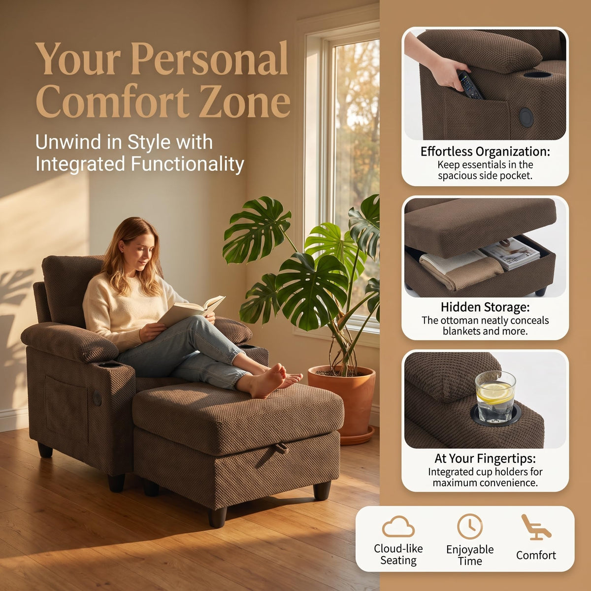 NicBex Sleeper Sofa Chair Bed with USB Port & Cup Holder &Side Table, Beige