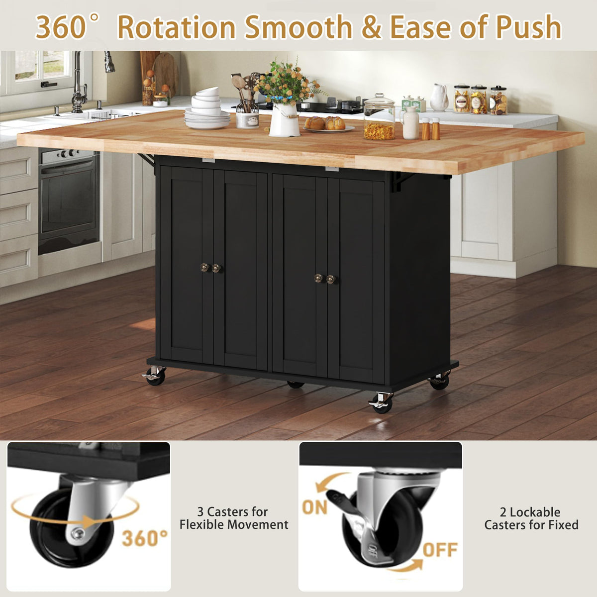 62.8" Rolling Kitchen Island with Double Drop Leaf Rubberwood Countertop, Mobile Kitchen Cart with Storage Cabinet & Lockable Wheels, Space-Saving Foldable Kitchen Prep Station for Dining Room, White