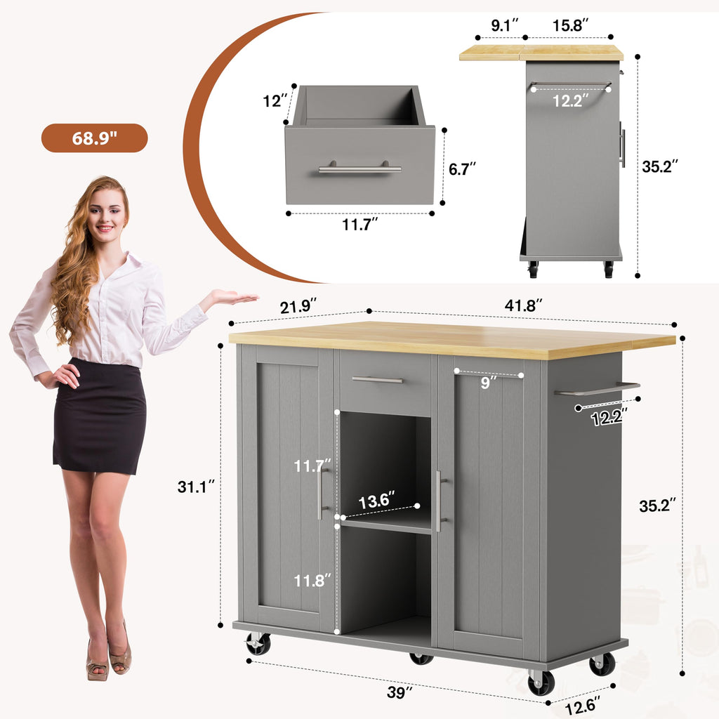 JY QAQA 42" Rolling Kitchen Island Cart with Storage, Drop Leaf Countertop, Drawers & Towel Rack, Mobile Kitchen Table on Wheels for Kitchen Dining Room, White