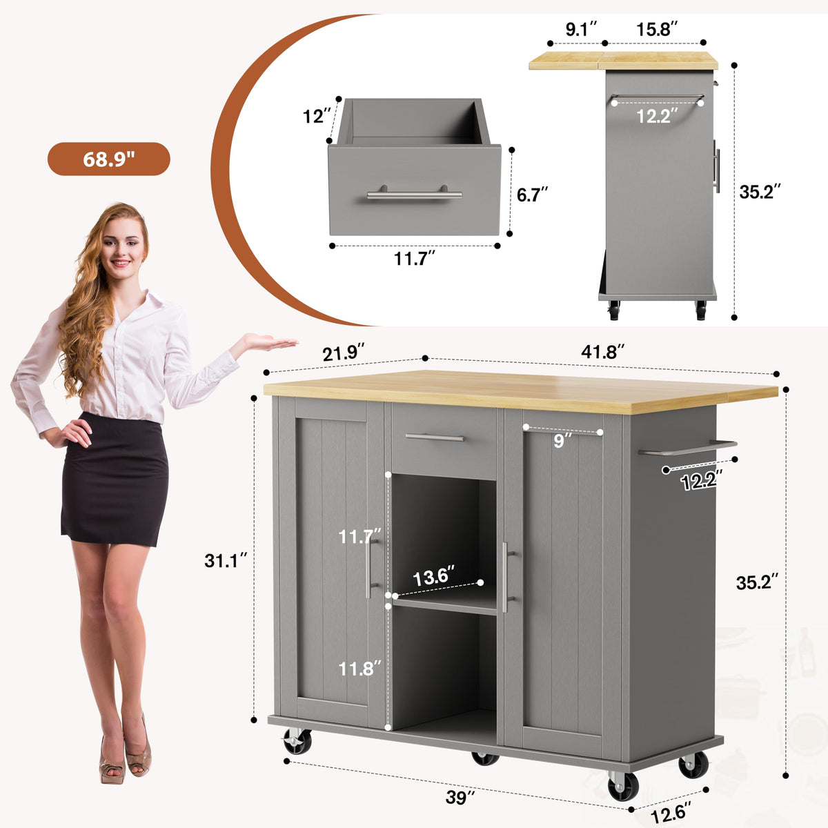 JY QAQA 42" Rolling Kitchen Island Cart with Storage, Drop Leaf Countertop, Drawers & Towel Rack, Mobile Kitchen Table on Wheels for Kitchen Dining Room, White
