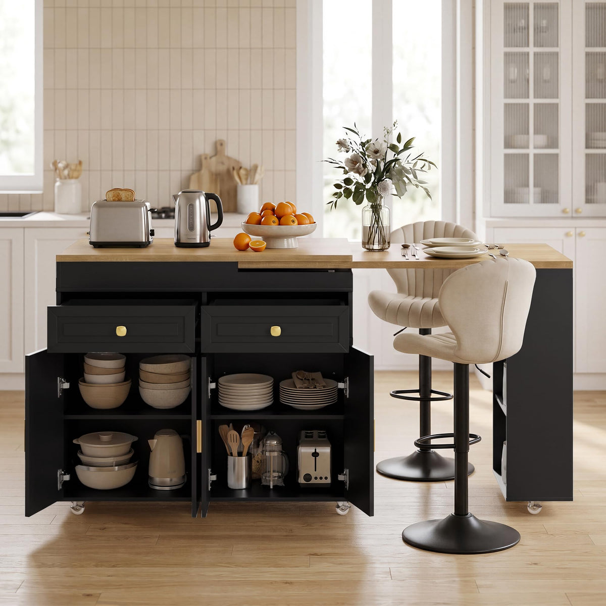 3-in-1 Extendable Kitchen Island with Extendable and Swivel Dining Table