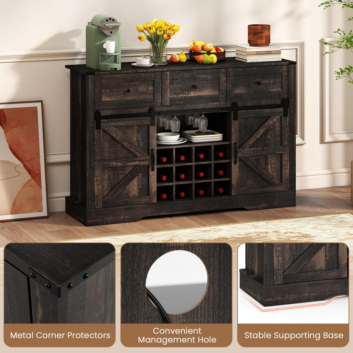 GIANTEX Wine Bar Cabinet with LED Lights, 52" Buffet Sideboard w/Sliding Barn Door, 3 Drawer, Adjustable Shelf, 12 Bottle Wine Rack & Glass Holder, Farmhouse Coffee Station for Living Room