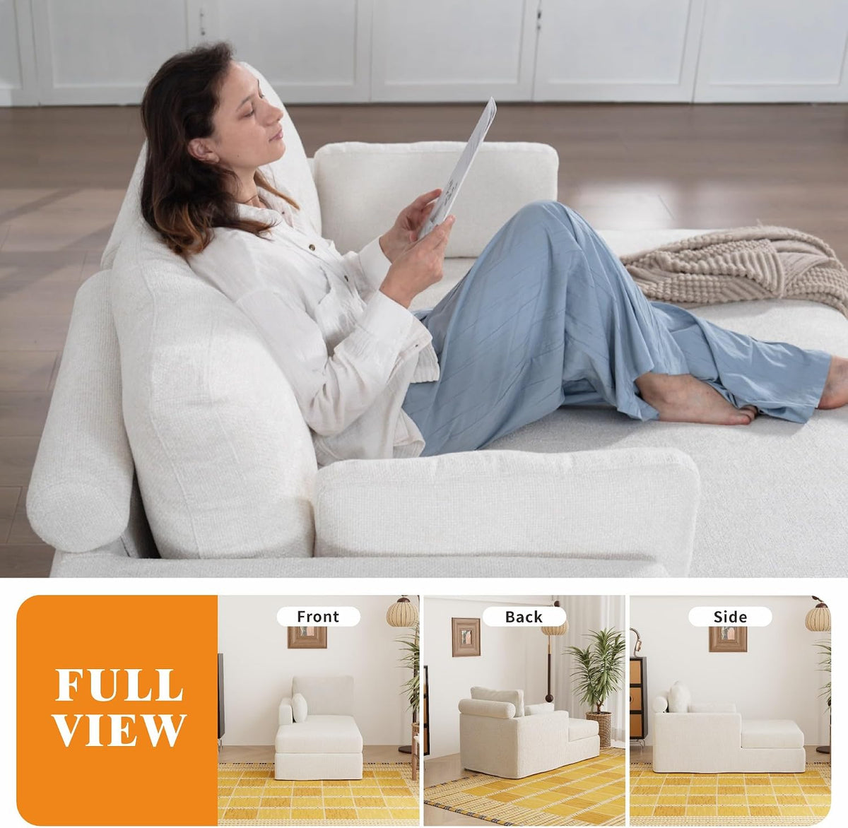 Modern 32''W Chaise Lounge with Armrest (Hold Right Arm), Indoor Recliner, Comfy Deep Seat Sleeper Chair Single Sofa Bed for Apartment, Living Room, Ivory L.