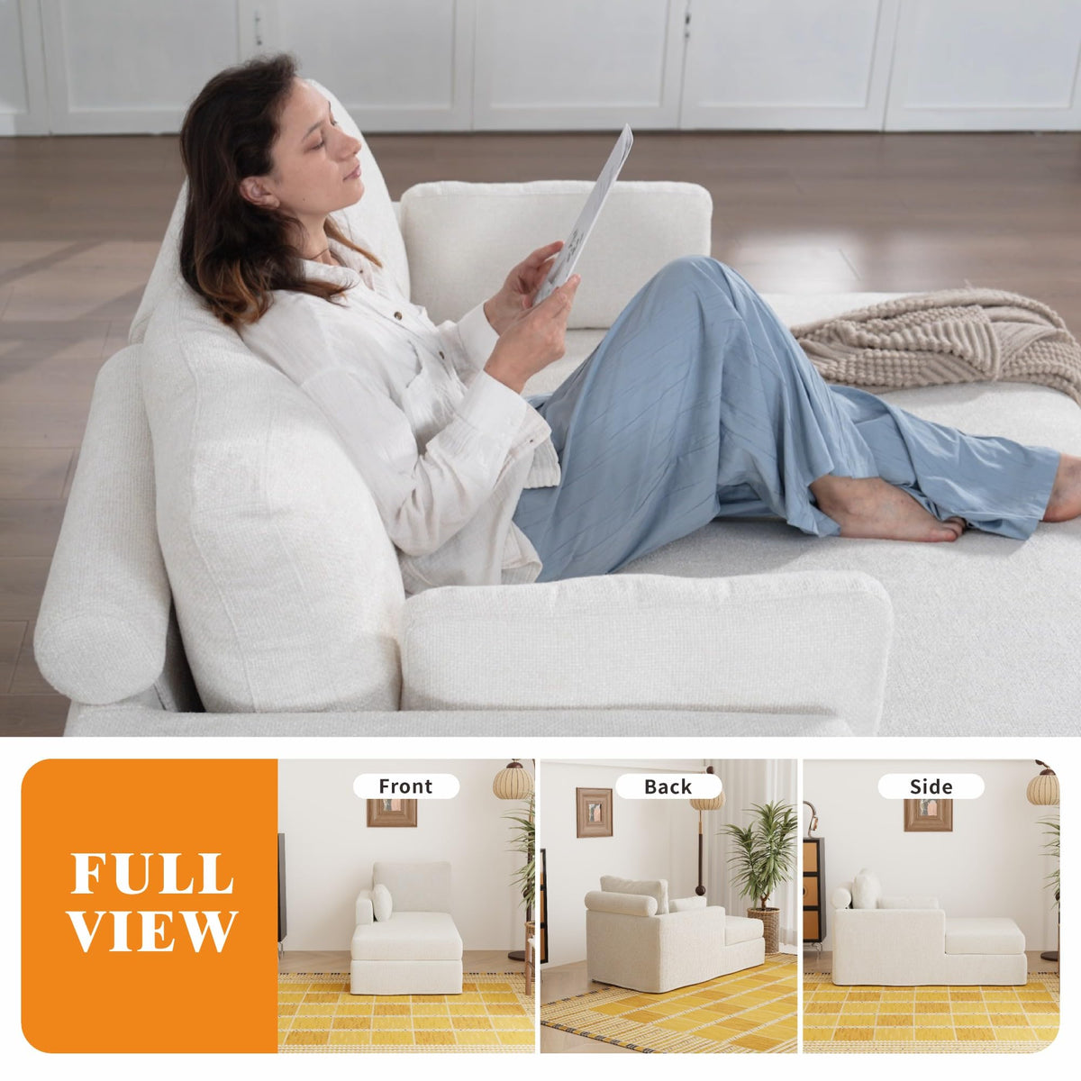 Modern 32''W Chaise Lounge with Armrest (Hold Right Arm), Indoor Recliner, Comfy Deep Seat Sleeper Chair Single Sofa Bed for Apartment, Living Room, Ivory L.