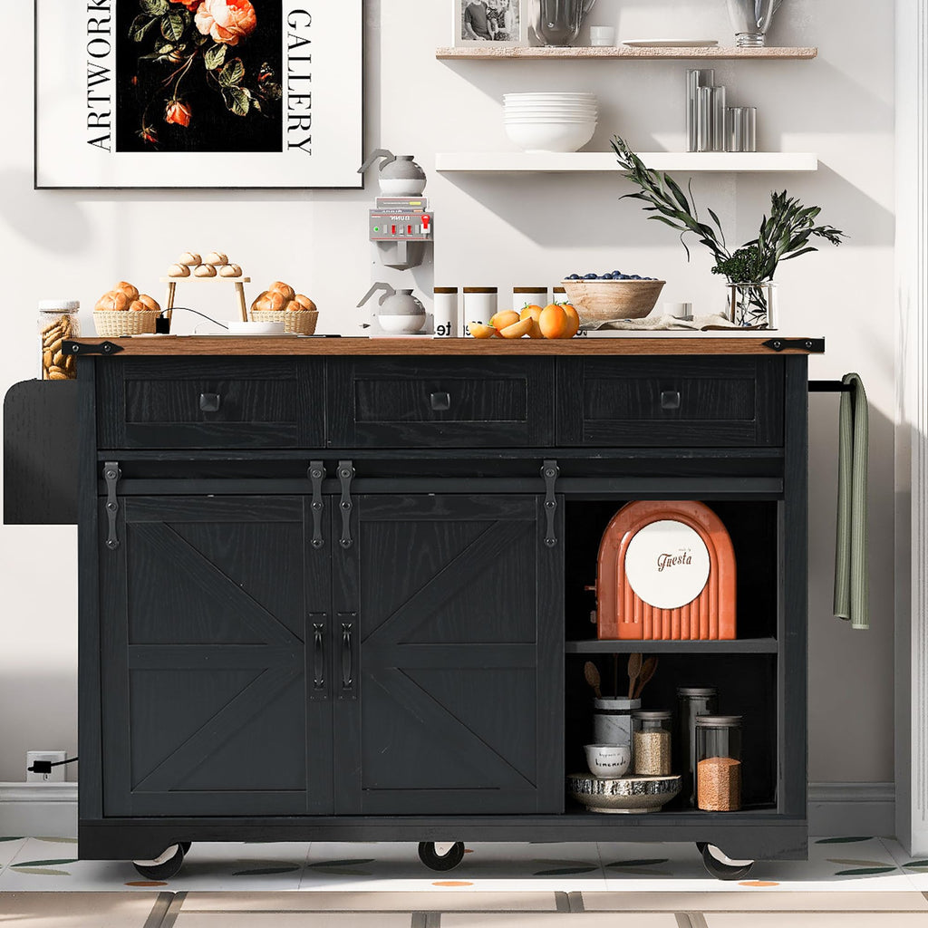 Ball & Cast Farmhouse Kitchen Island with Power Outlet,Dining Storage Island with Drop Leaf,Spice Rack and Drawer,Rolling Dining Cart on Wheels for Home,Kitchen,Dining Room,White,54"