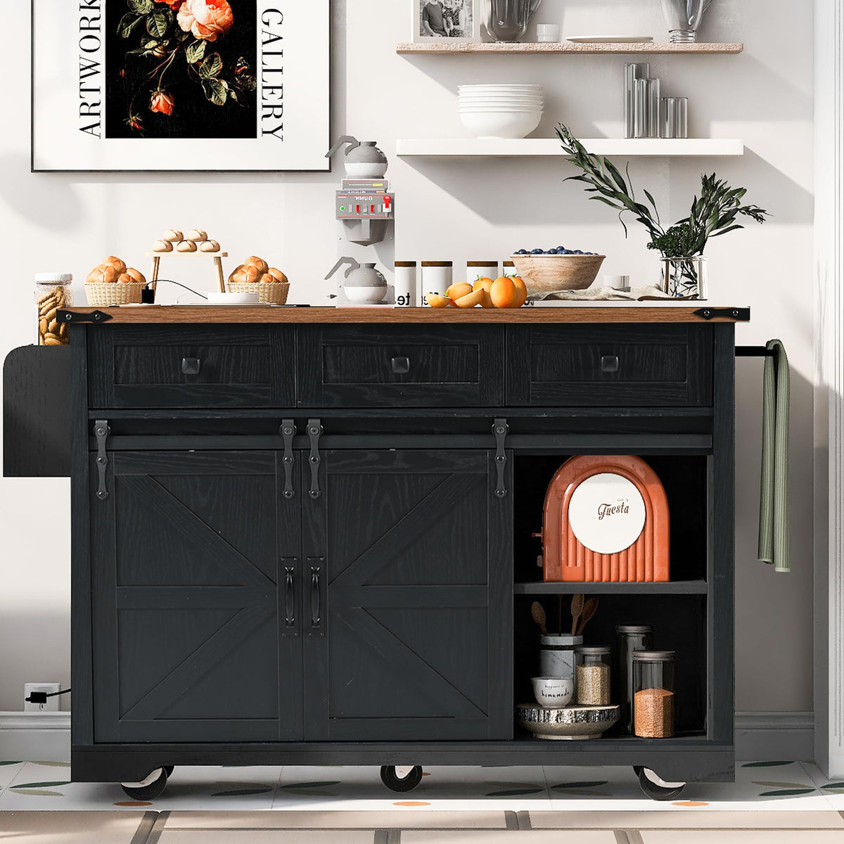 Ball & Cast Farmhouse Kitchen Island with Power Outlet,Dining Storage Island with Drop Leaf,Spice Rack and Drawer,Rolling Dining Cart on Wheels for Home,Kitchen,Dining Room,White,54"