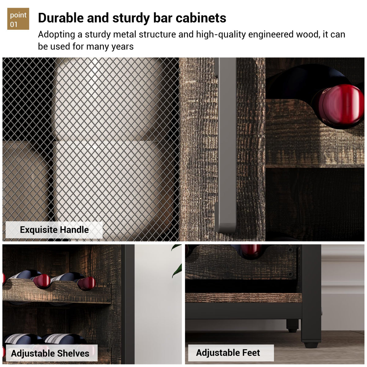 3-Tier Wine Bar Cabinet with Removable Wine Rack, Liquor Storage Cabinet with Glass Holder & Mesh Door, Coffee Bar Sideboard Buffet for Living Room or Dining Room, Gray