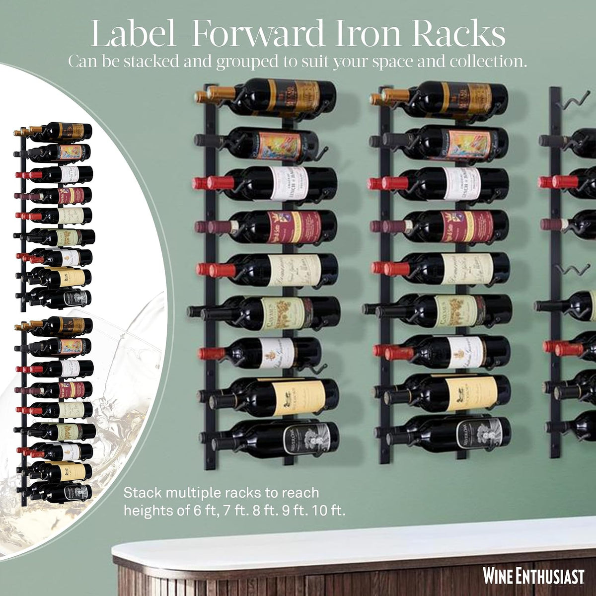 Wine Enthusiast N'FINITY 18 Bottle Wall Mounted Metal Wine Rack â Label Forward Wine Rack with Easy Installation - 3' Tall, 2 Column Deep (Black)