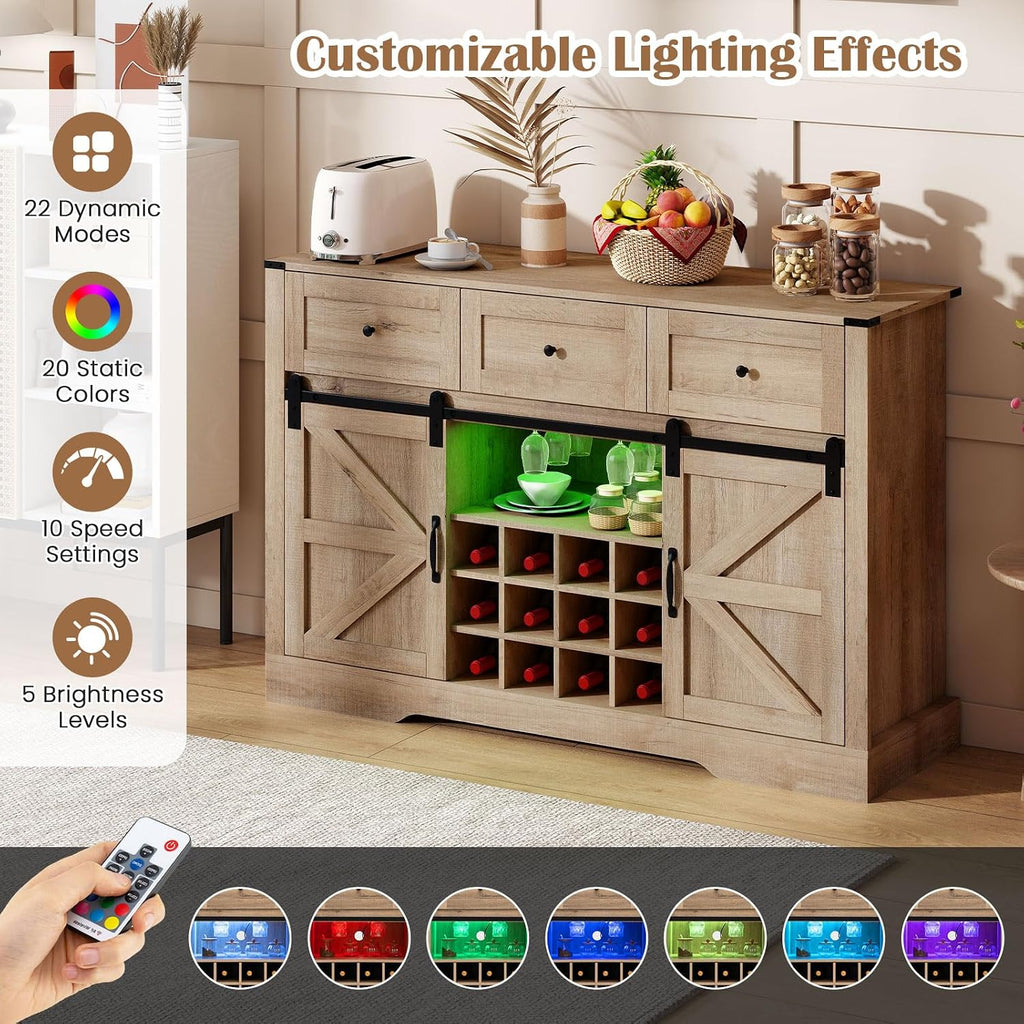 GIANTEX Wine Bar Cabinet with LED Lights, 52" Buffet Sideboard w/Sliding Barn Door, 3 Drawer, Adjustable Shelf, 12 Bottle Wine Rack & Glass Holder, Farmhouse Coffee Station for Living Room