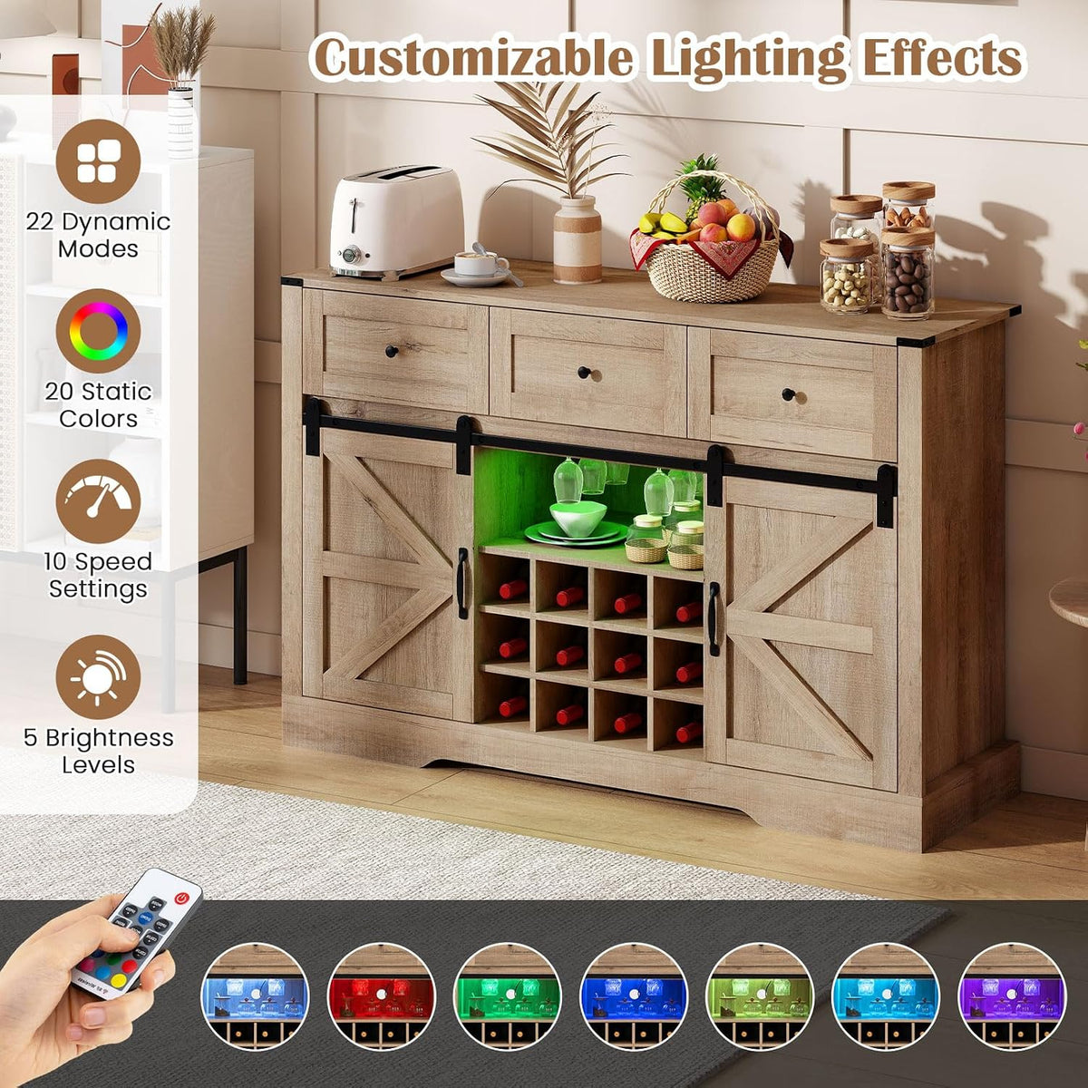 GIANTEX Wine Bar Cabinet with LED Lights, 52" Buffet Sideboard w/Sliding Barn Door, 3 Drawer, Adjustable Shelf, 12 Bottle Wine Rack & Glass Holder, Farmhouse Coffee Station for Living Room