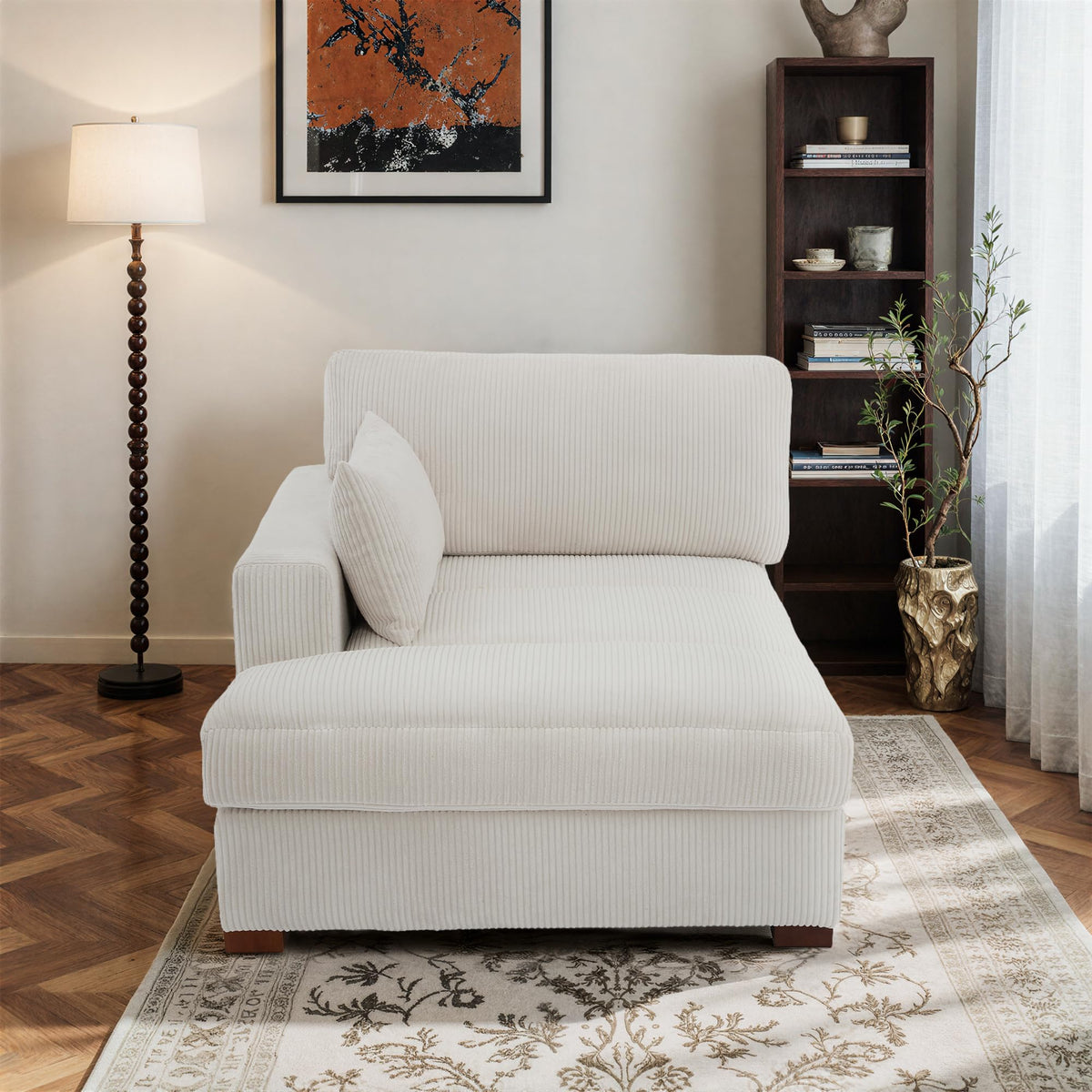 Oversized Corduroy Chaise Lounge Chair with Right Armrest & Cushion, Comfy Upholstered Sleeper Sofa Indoor Recliner Seat Solid Wood Couch w/Washable Cover for Bedroom, Living Room - Orange