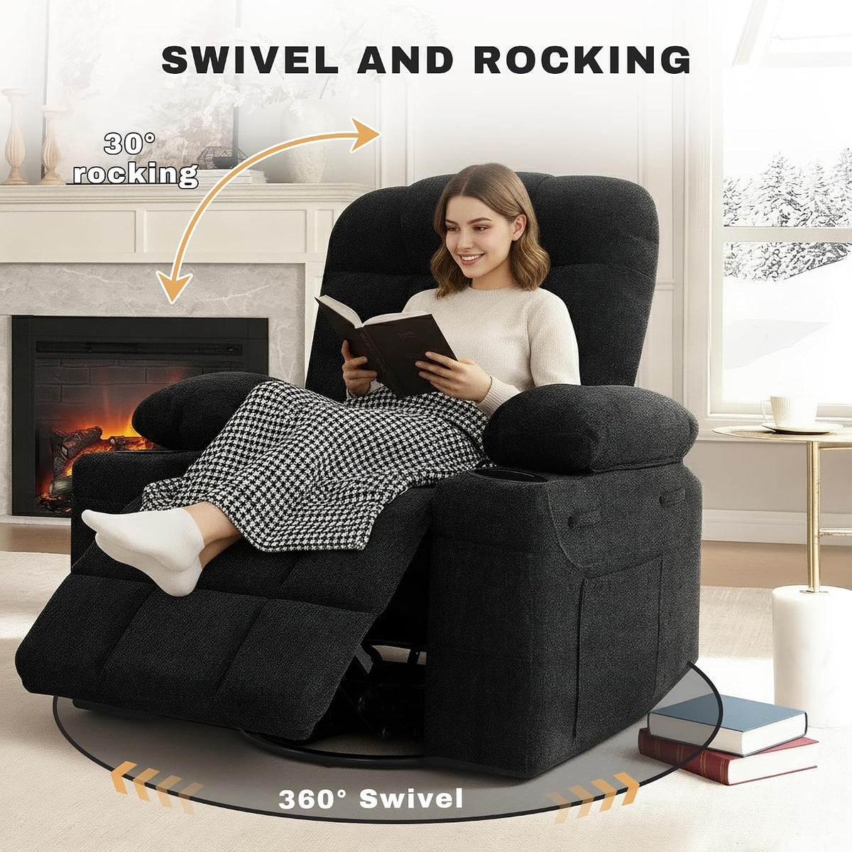 Swivel Rocker Recliner Chair,Recliner Single Sofa with Cup Holders, Manual Nursery Rocking Chair with Side Pockets, Modern Upholstered Recliner for Living Room,Apartment,Home Theater(Black)