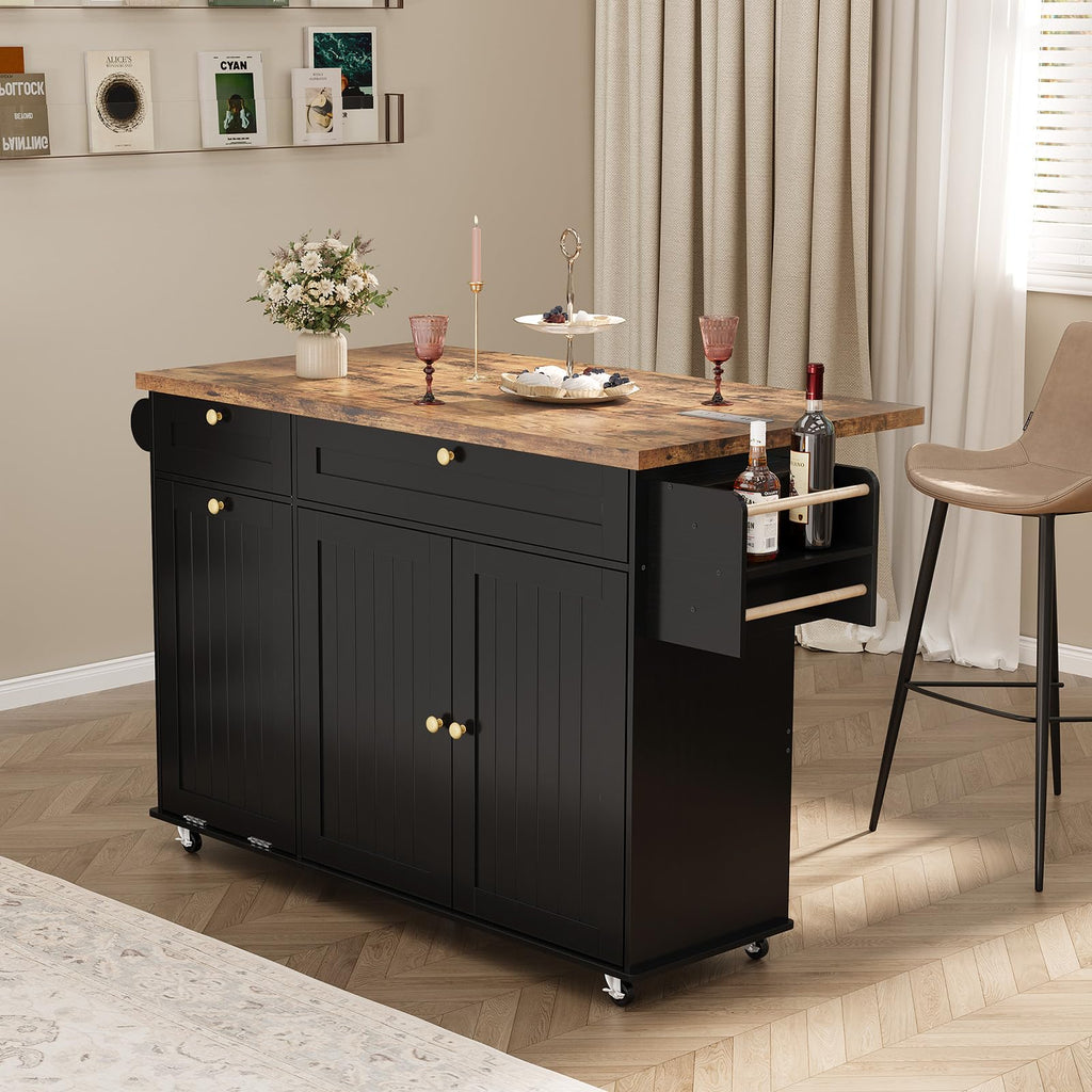 ComfyCorner 60" Rolling Large Kitchen Island on Wheels with Extendable Table, Drop Leaf & Power Outlet, Mobile Kitchen Cart with Storage Cabinet, 2 Drawers, Spice Rack, Towel & Knife Holder, Green